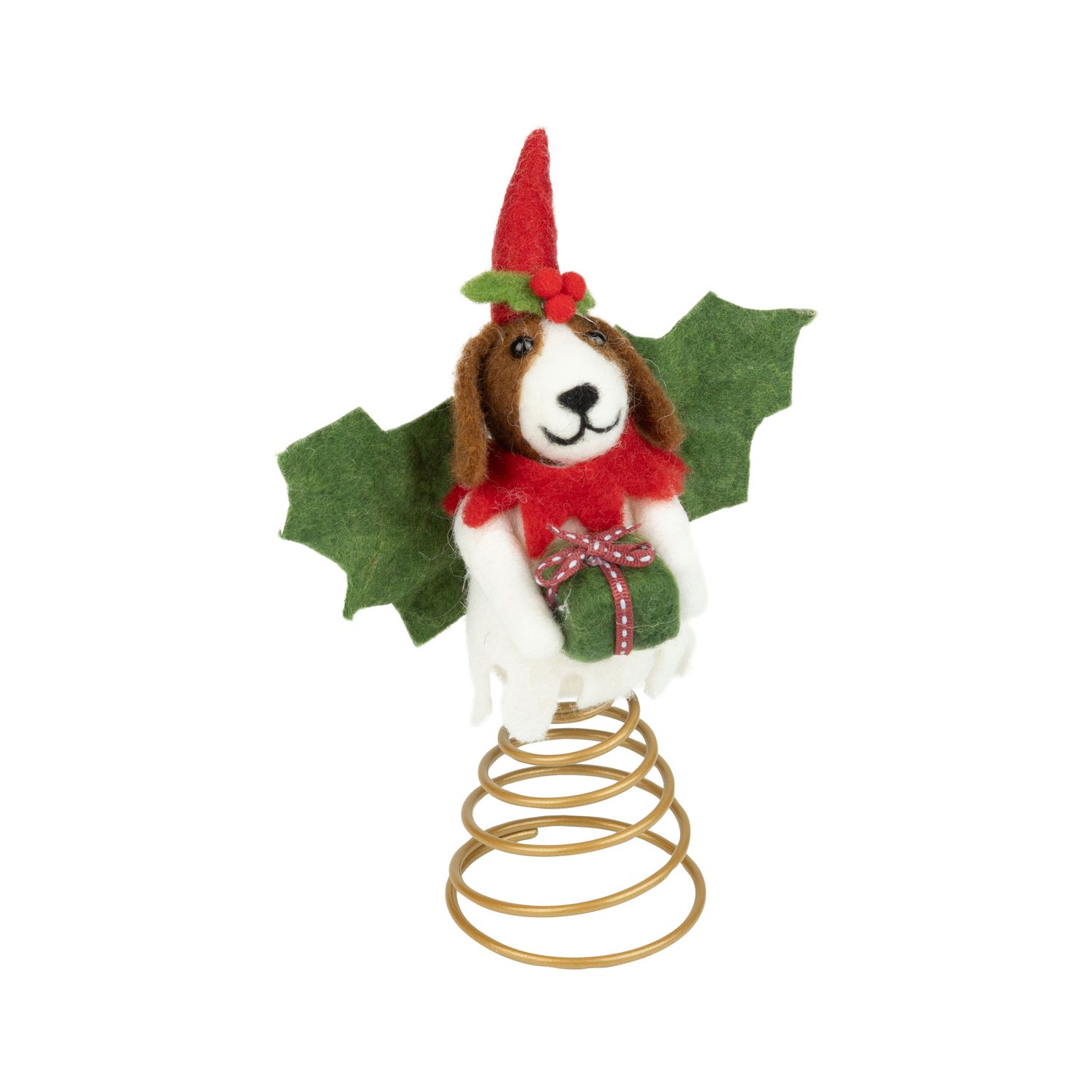 Felt dog Santa hat with holly wings tree topper, 7.5 in  6      