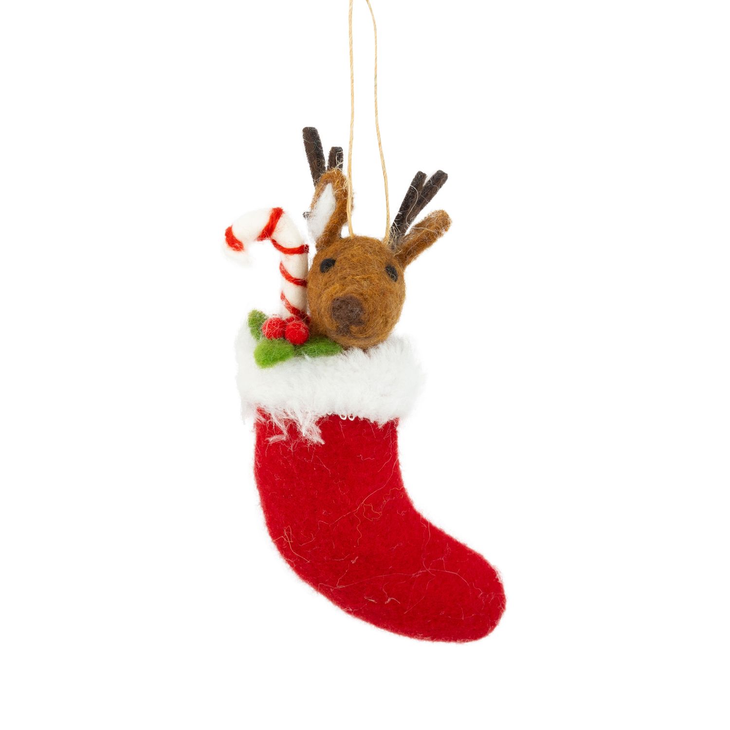 Felt reindeer ornament in a red stocking, holding a candy cane, 5.5 in  6      