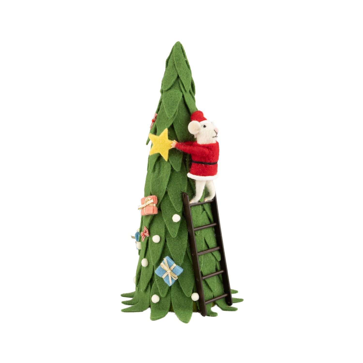 Felt mouse in Santa suit climbing a green felt Christmas tree decorated with presents and a star, 14 in  2      