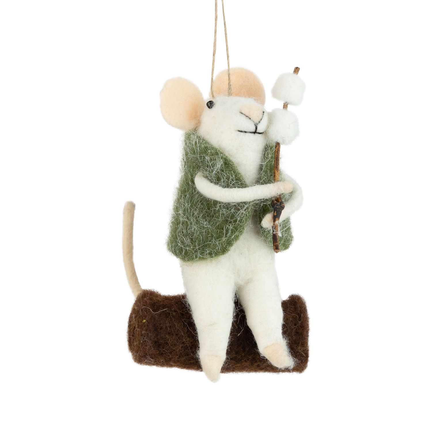 Felt mouse ornament in a green vest roasting marshmallows, 4.5 in  6      