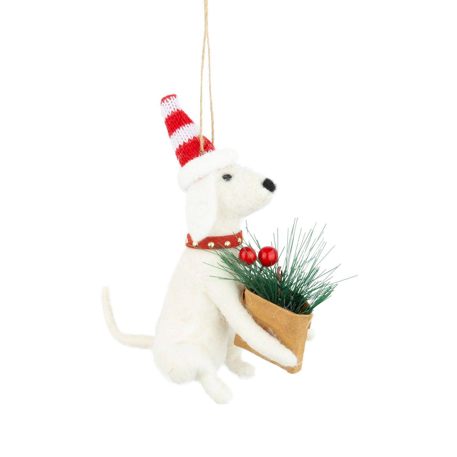 Felt dog ornament in red Santa hat holding flower basket, 4.5 in  6      