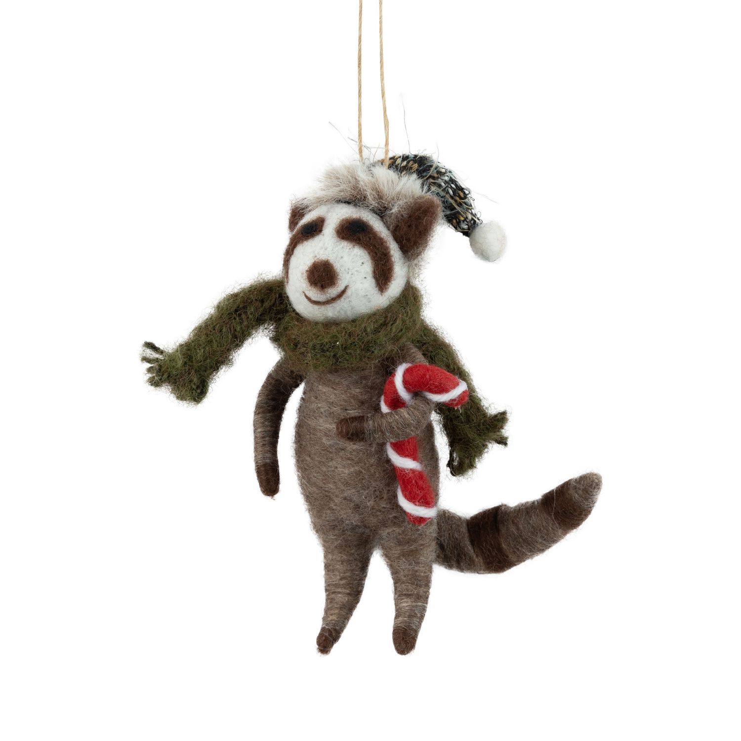 Felt raccoon ornament holding a candy cane, 5 in  6      