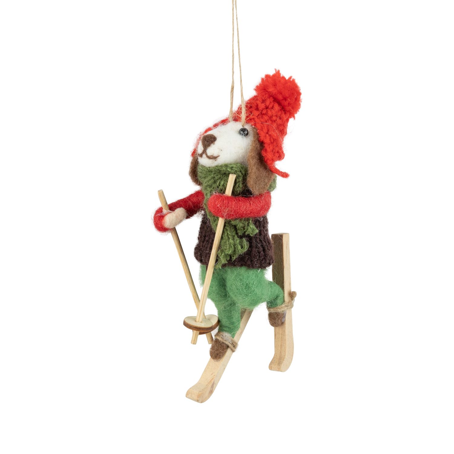 Felt mouse skier ornament, green outfit with a red hat, 5.5 in  8      