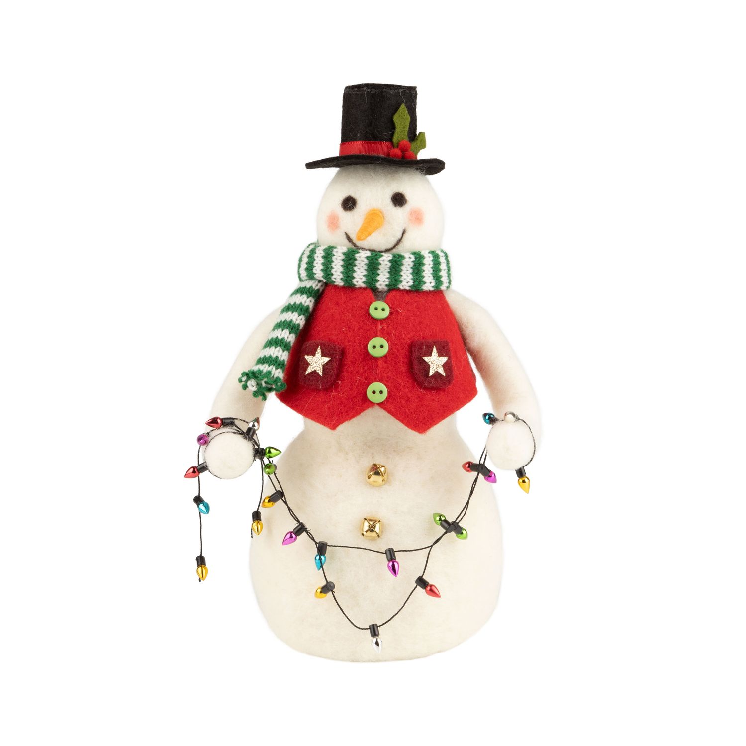 Felt snowman in a top hat table piece with string of Christmas lights, 9.5 in  2      