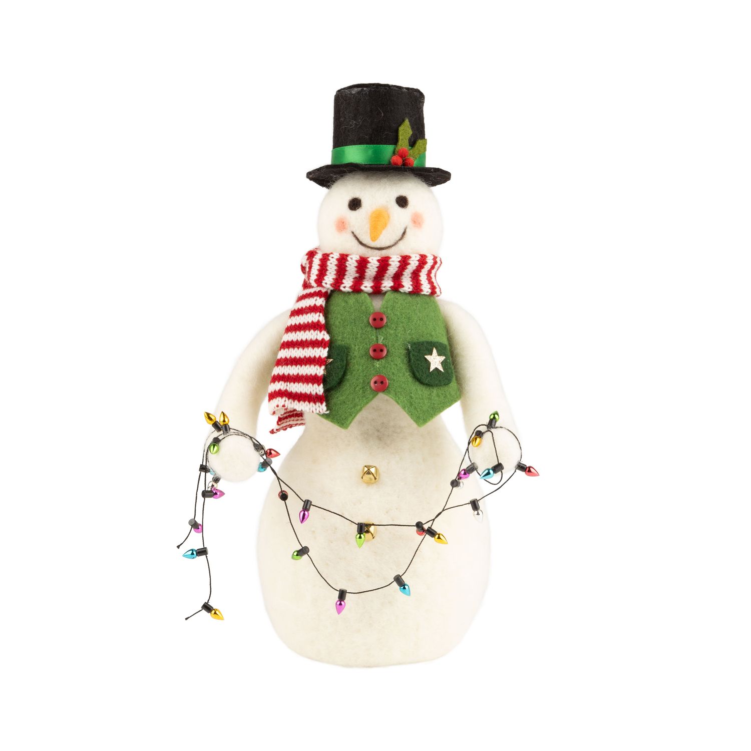 Felt snowman in a top hat table piece with string of Christmas lights, 12 in  2      