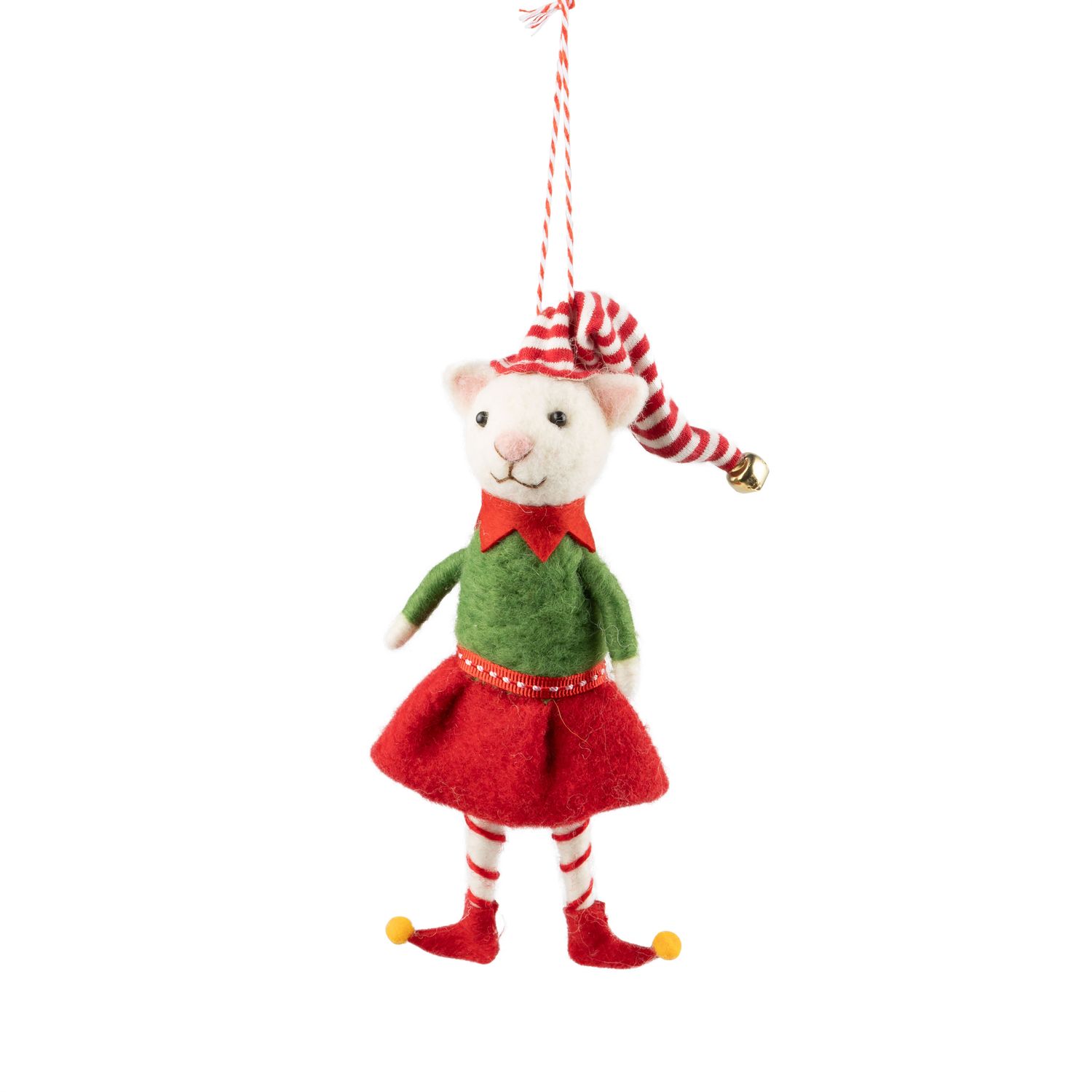 Felt elf cat ornament in red and green dress, striped stockings, 6.25 in  6      