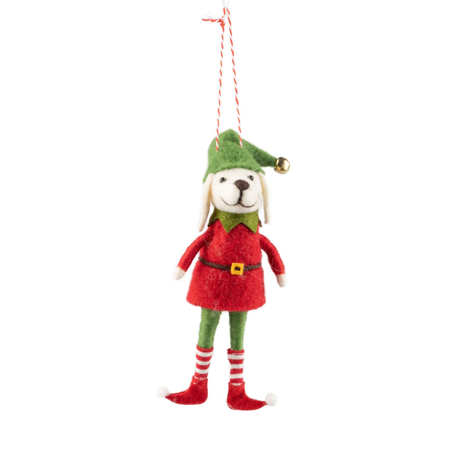 Felt elf dog ornament with green hat and striped stockings, 6.25 in  6      
