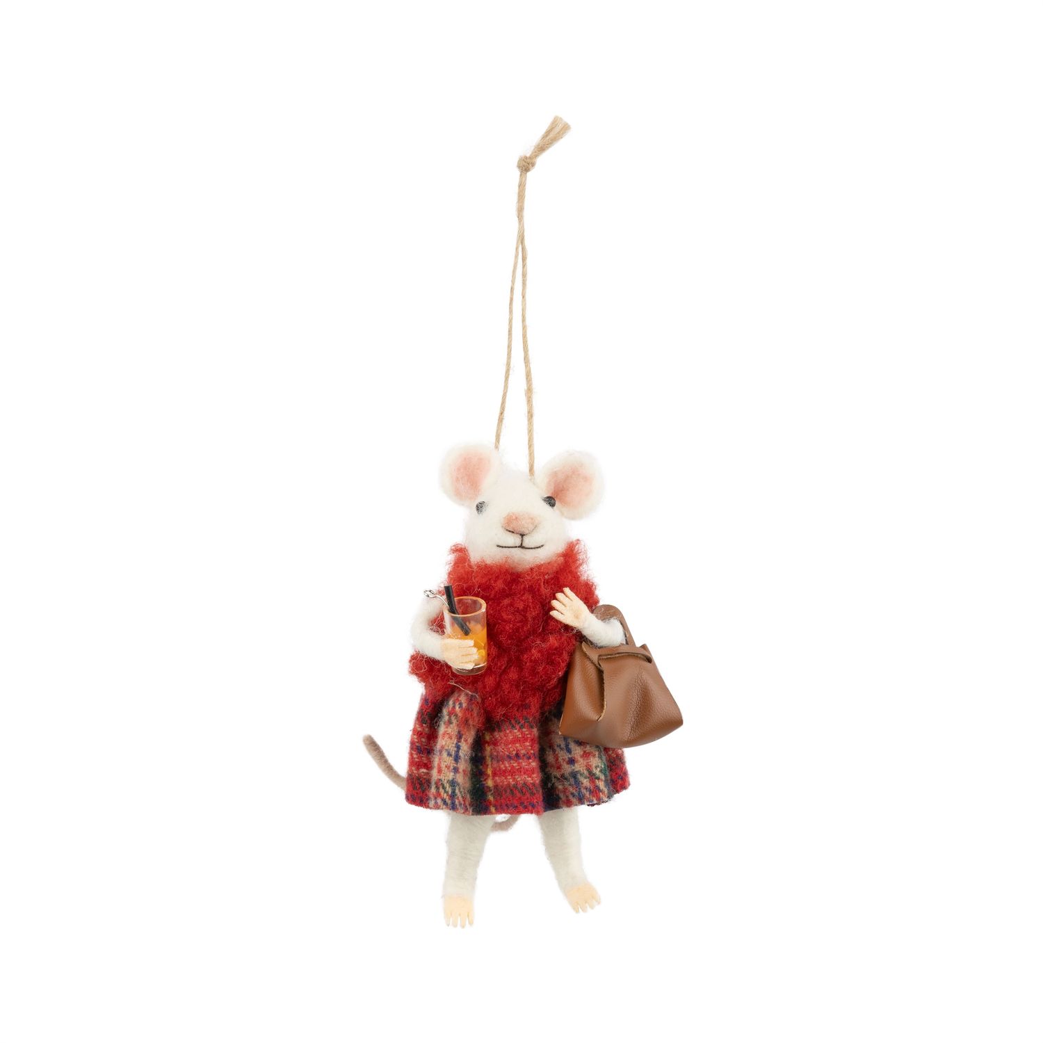 Felt mouse in red scarf and plaid skirt, holding a drink and a brown purse, 5 in  6      