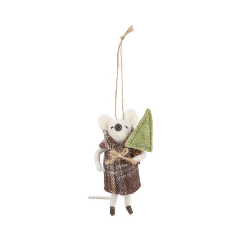 Felt mouse ornament wearing a brown plaid coat, holding a small green tree, 4.5 in  6      