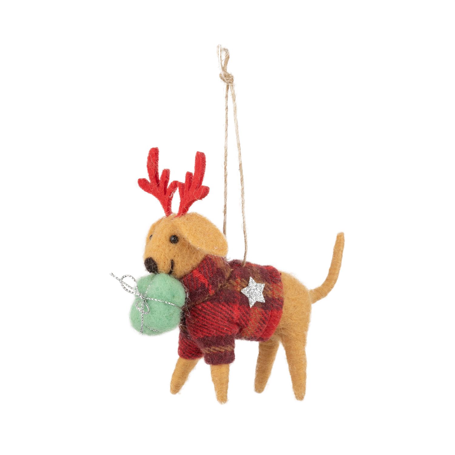 Felt dog ornament in plaid sweater with red antlers and gift, 4 in  6      