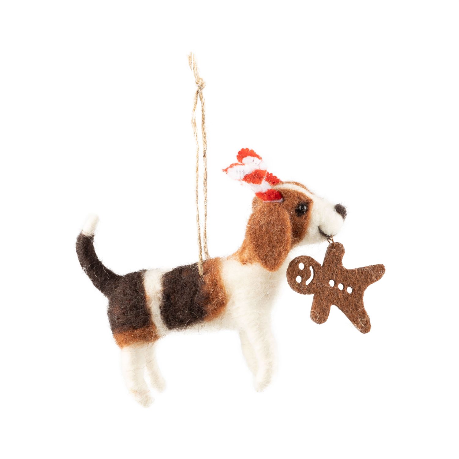 Felt beagle ornament, brown, black and white with candy cane antlers and a gingerbread cookie, 4.75 in  6      