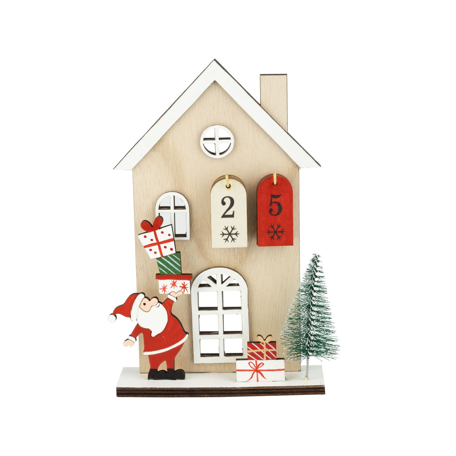 Wood tabletop house with Santa advent calendar, flip card dates, 8 in  8      