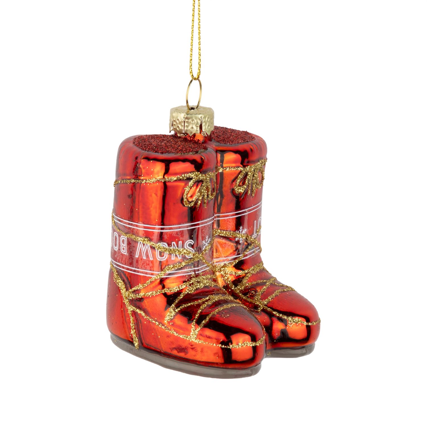 Glass red boots ornament with gold glitter details, 3 in  12      