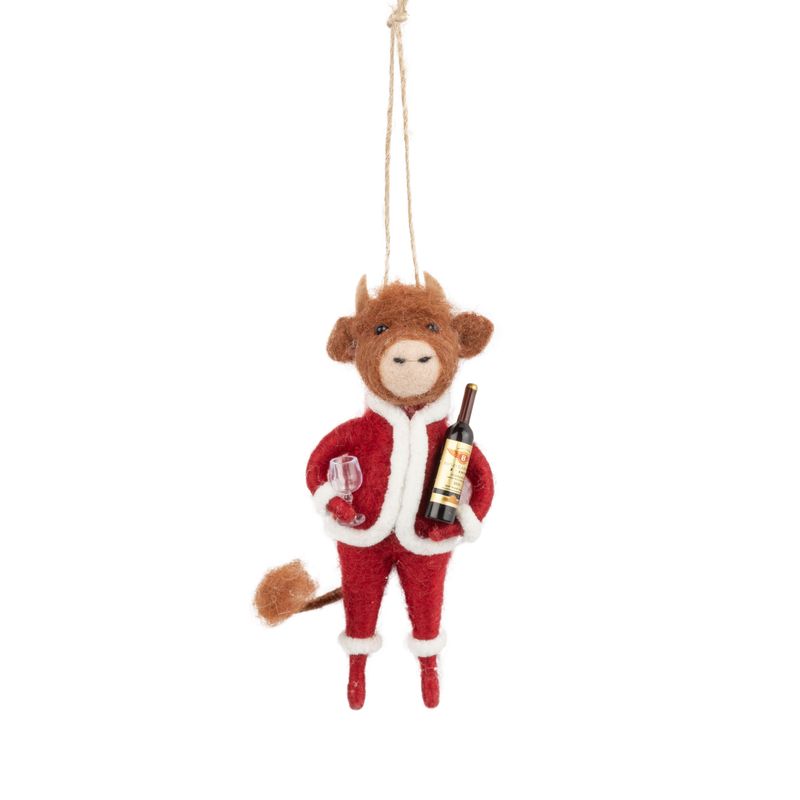Felt bull ornament in a red suit, holding a wine bottle and a glass, 5.3 in  6      