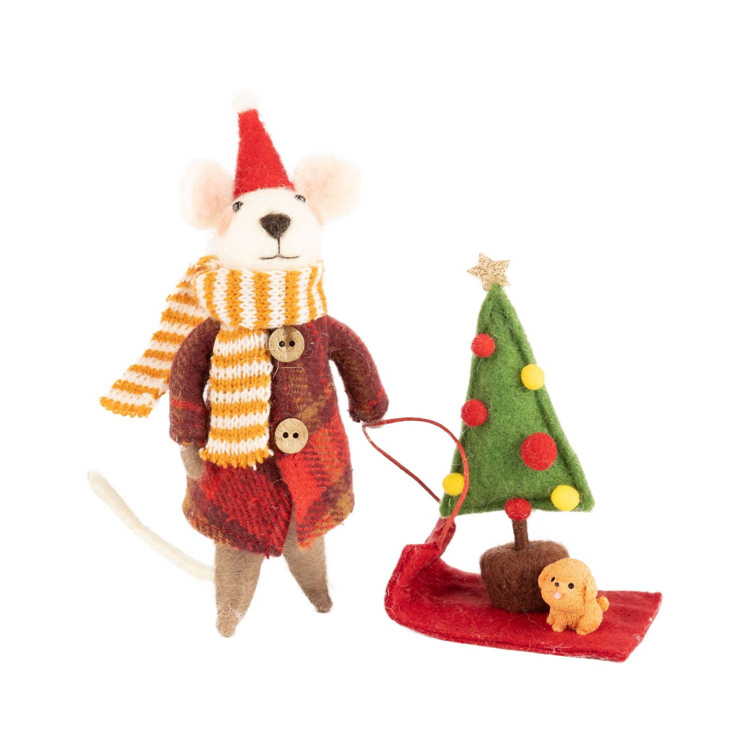 Felt mouse pulling sled table piece, paid coat and striped scarf, puppy and tree on sled, 7 in  6      
