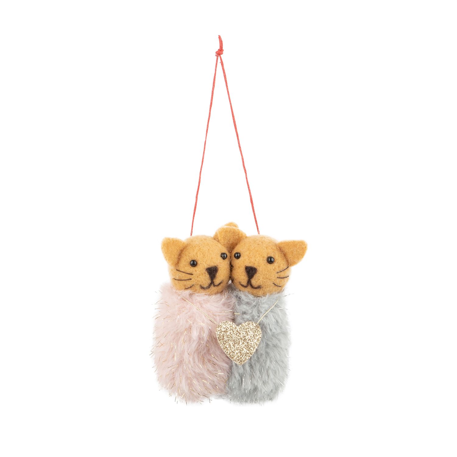Felt cat couple ornament, pink and blue plush with gold heart, 3.5 in  6 -Z08 -S04/25