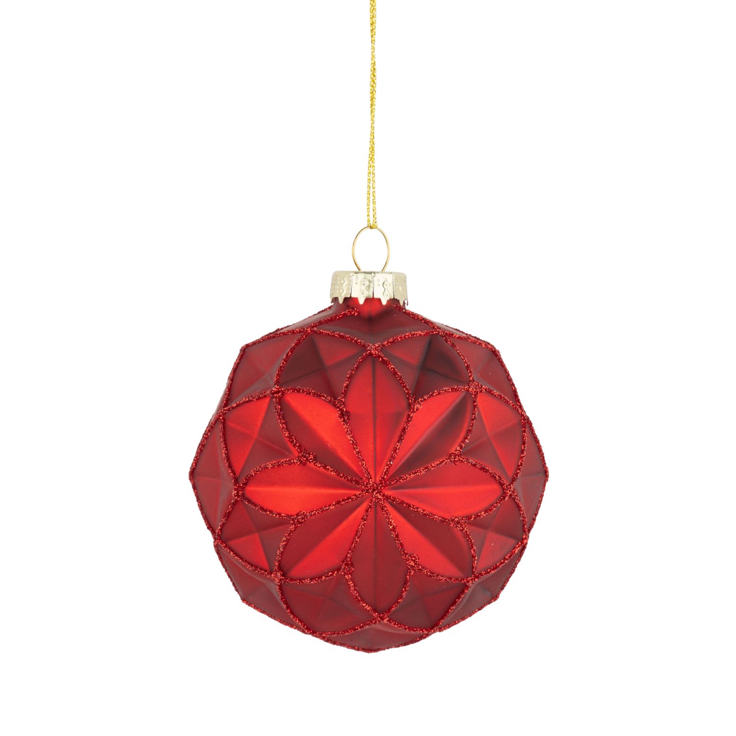 Molded glass ball ornament, matte red with red bead trim, 80 mm/3 in  12      