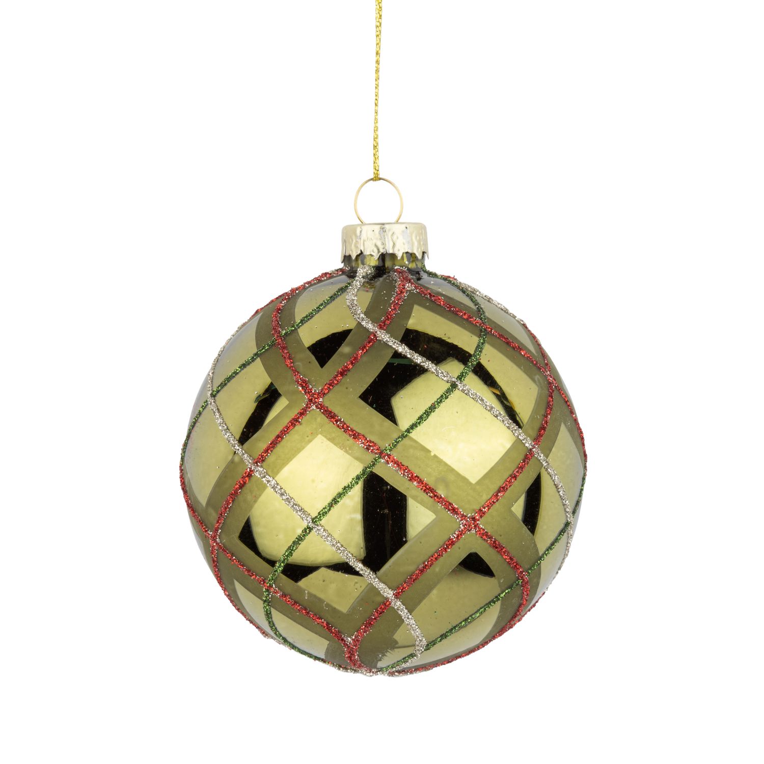 Glass ball ornament, shiny green with swirl plaid pattern, 80 mm/3 in  12      