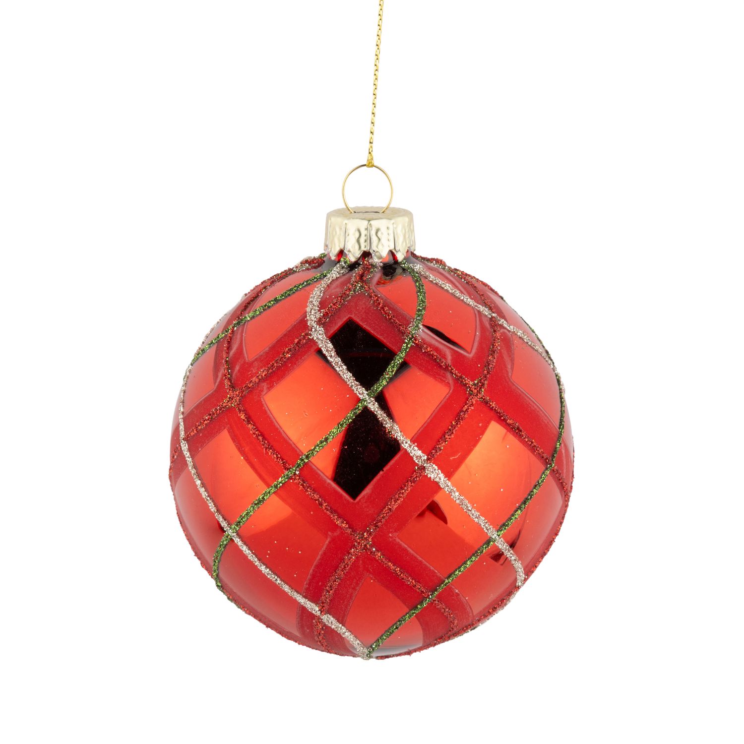 Glass ball ornament, shiny red with swirl plaid pattern, 80 mm/3 in  12      