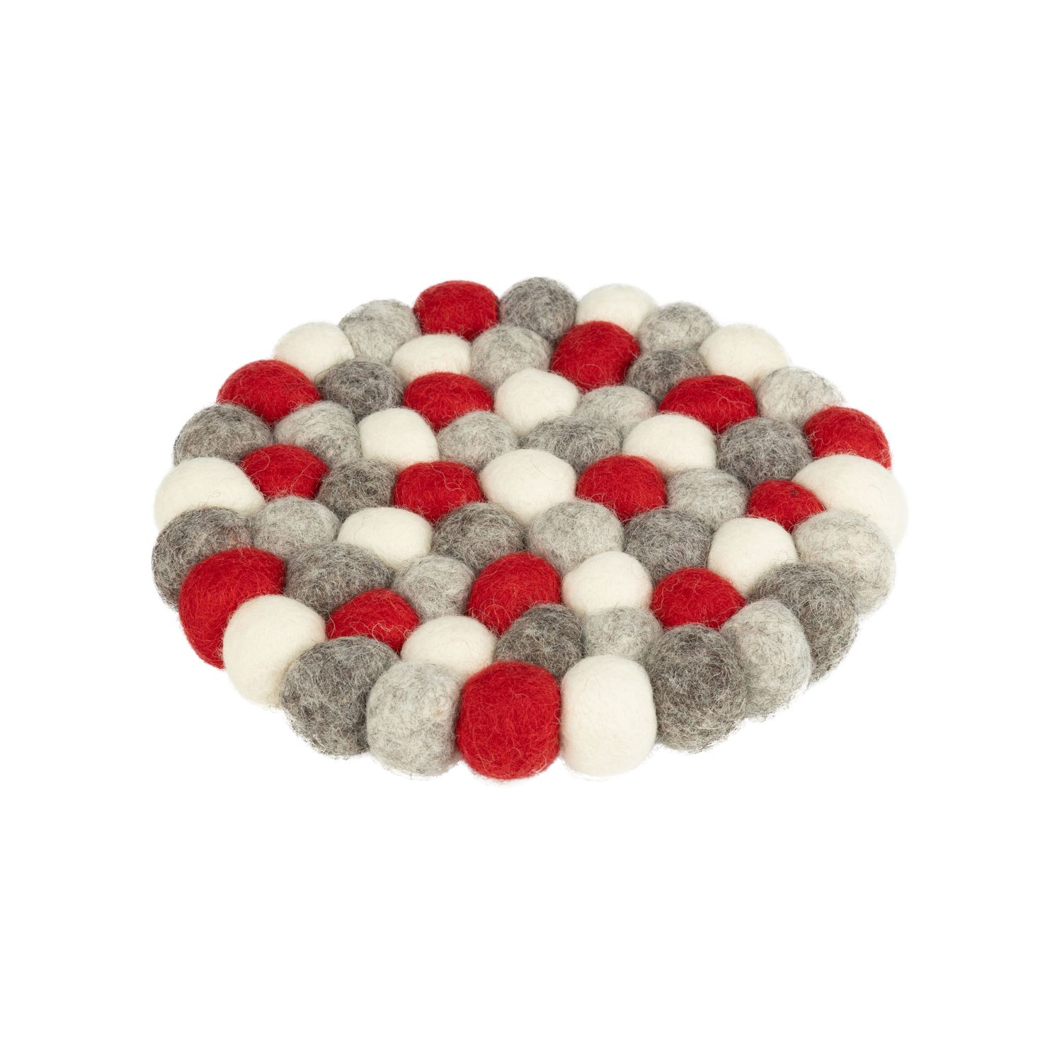 Felt ball trivet white, red and gray tones, 7.5 in  6      