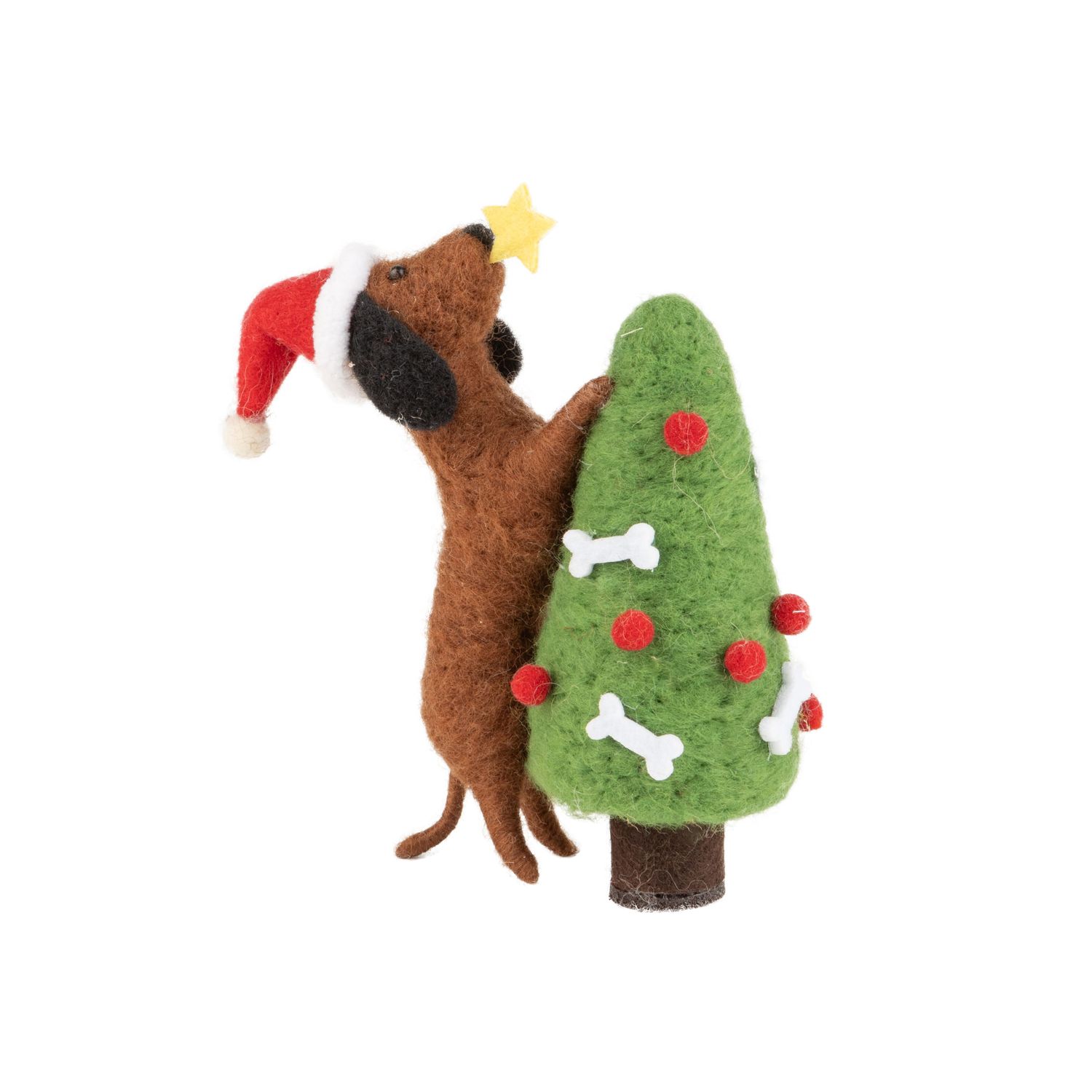 Brown felt dog ornament wearing a Santa hat, placing star on tree, 5 in  4 -Z08 -S04/25