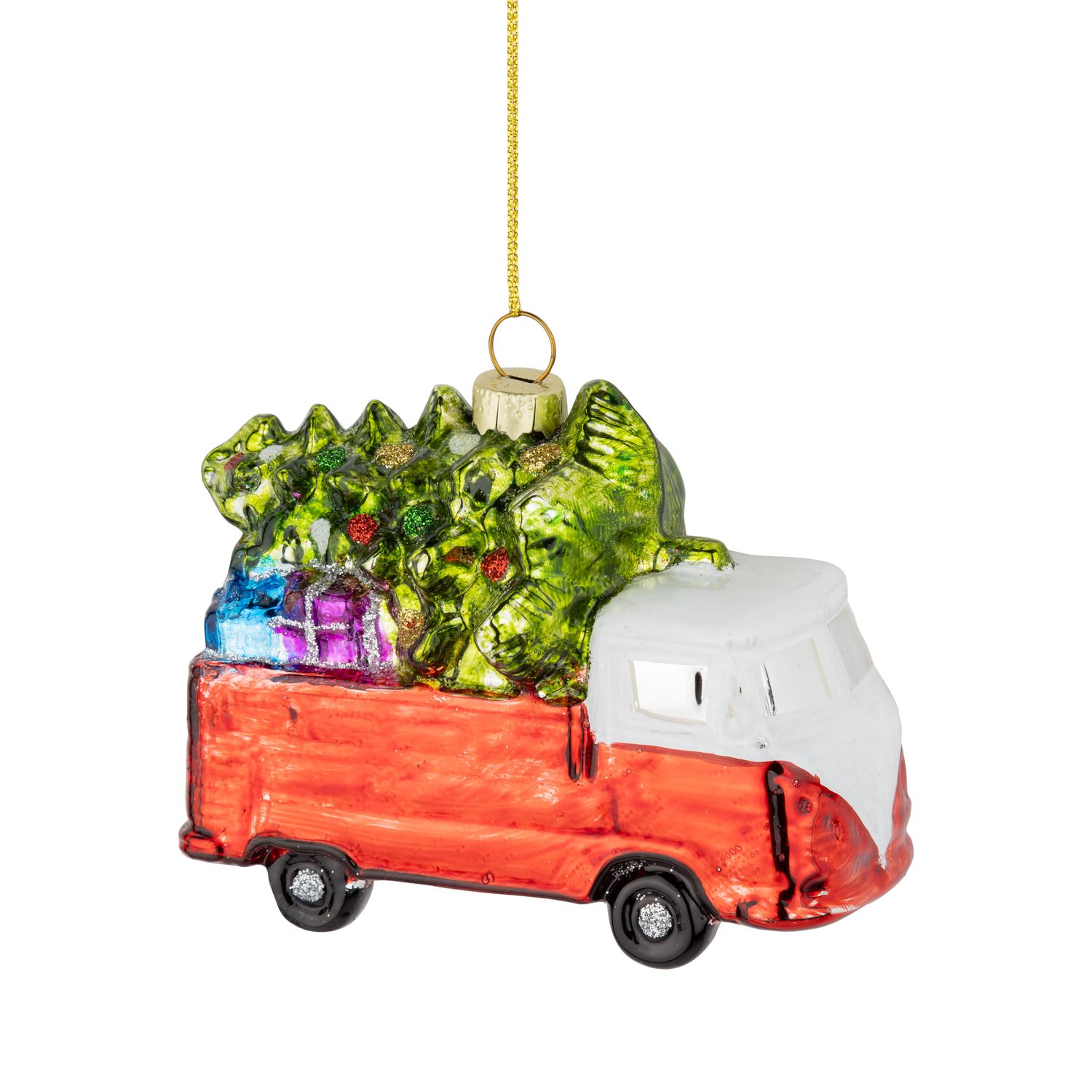 Glass red van ornament carrying a Christmas tree, 4.25 in  12      