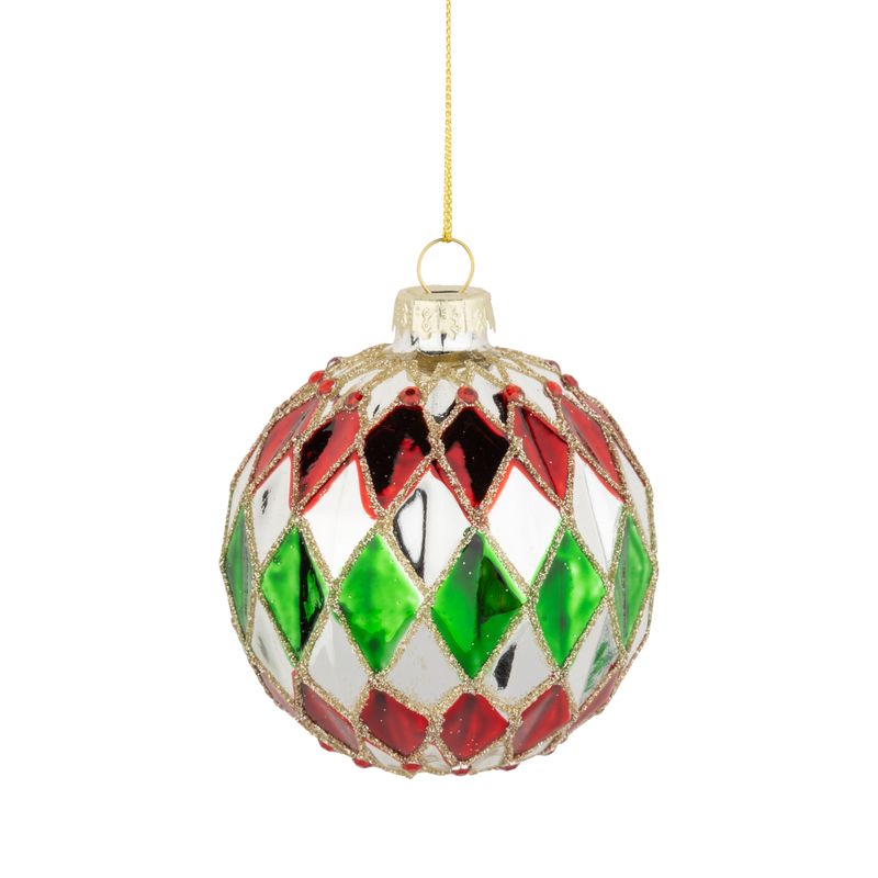 Molded glass ball ornament, red, green and silver diamond pattern, 80mm/3 in  12      