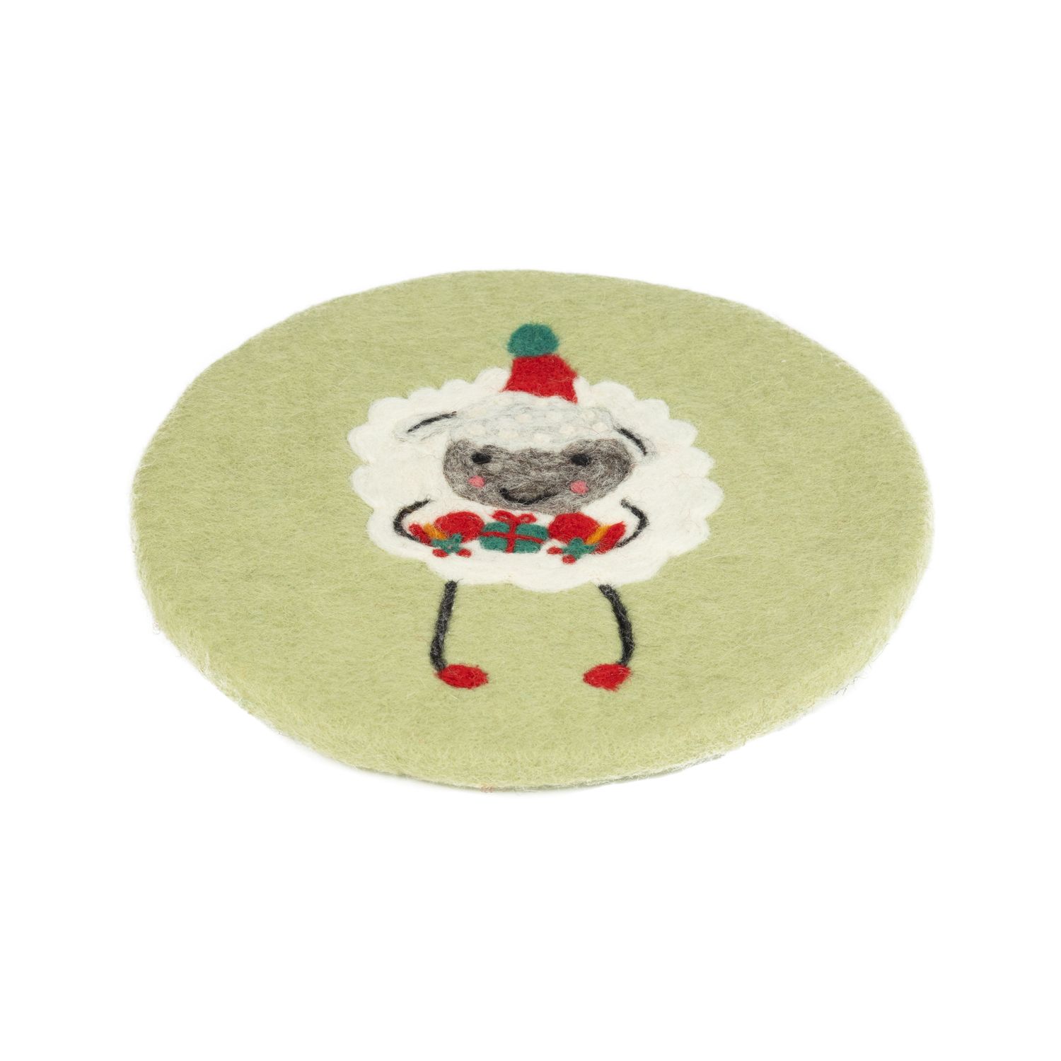 Felt trivet in light green with sheep in Santa hat holding a gift, 8 in  6      