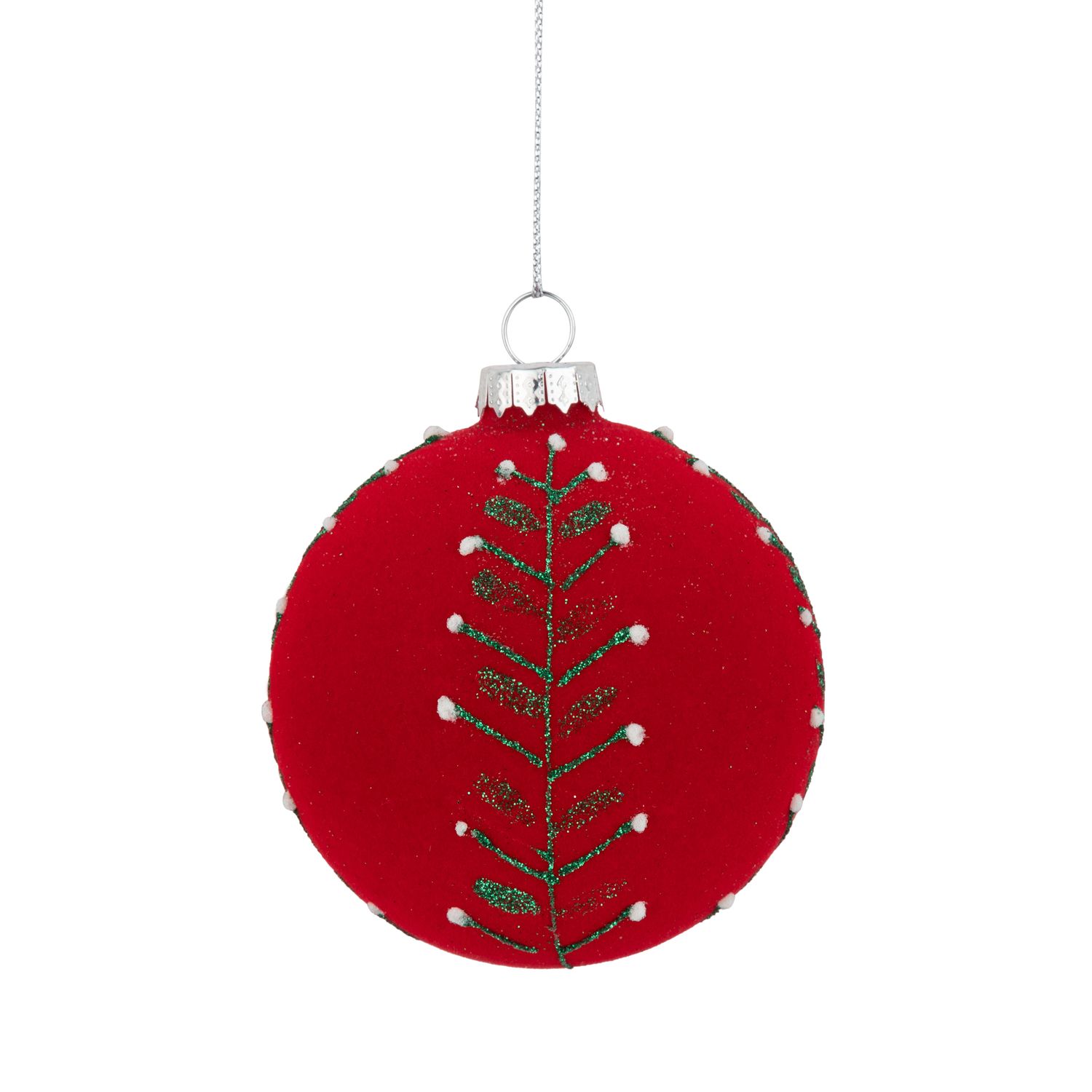 Glass ball ornament, bright red flock with tree pattern, 80 mm/3 in  12      