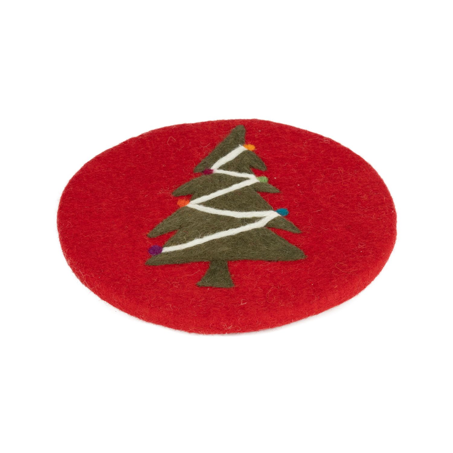 Felt trivet in red featuring a Christmas tree with white garland, 8.25 in  6      