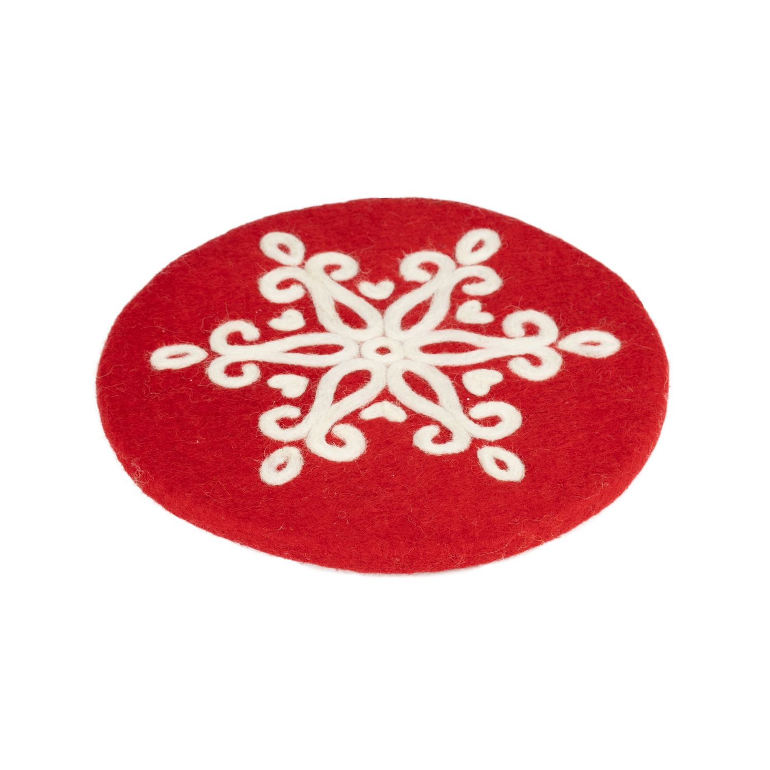 Felt trivet in red with a white snowflake design, 8.25 in  6      