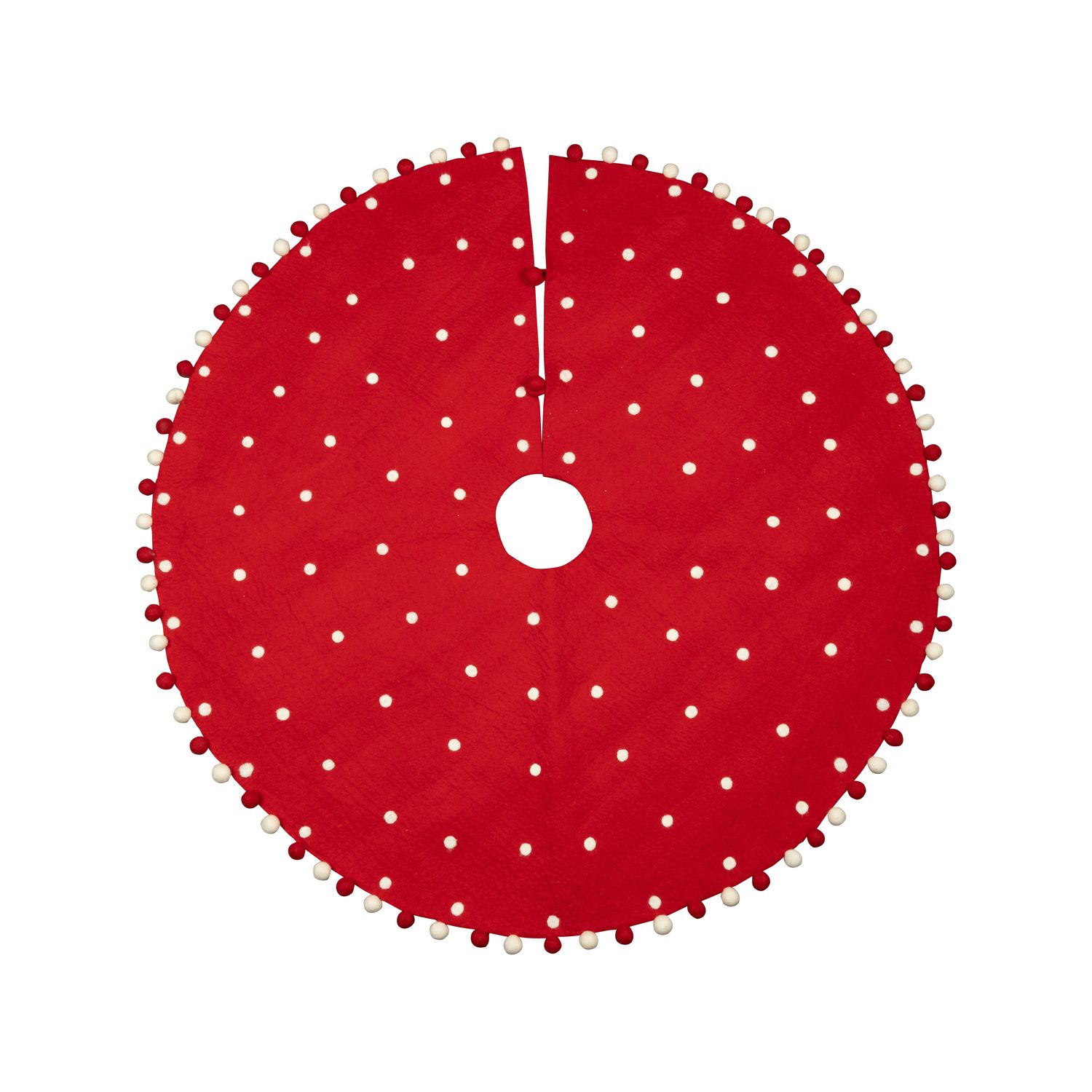 Felt tree skirt, red with white polka dots, pompom border, 48 in  2      