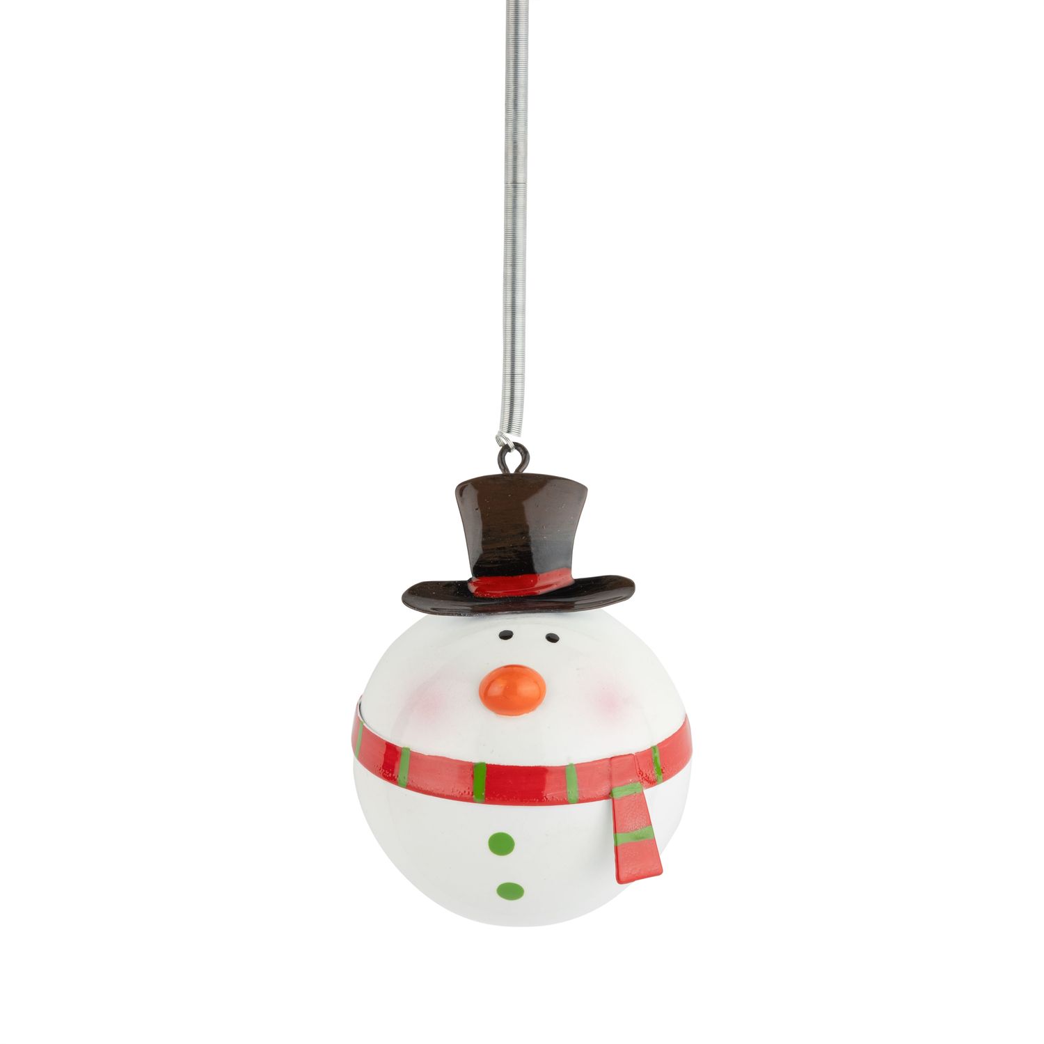 Metal snowman ball ornament with black hat and red and green scarf on spring hanger, 3 in  6      