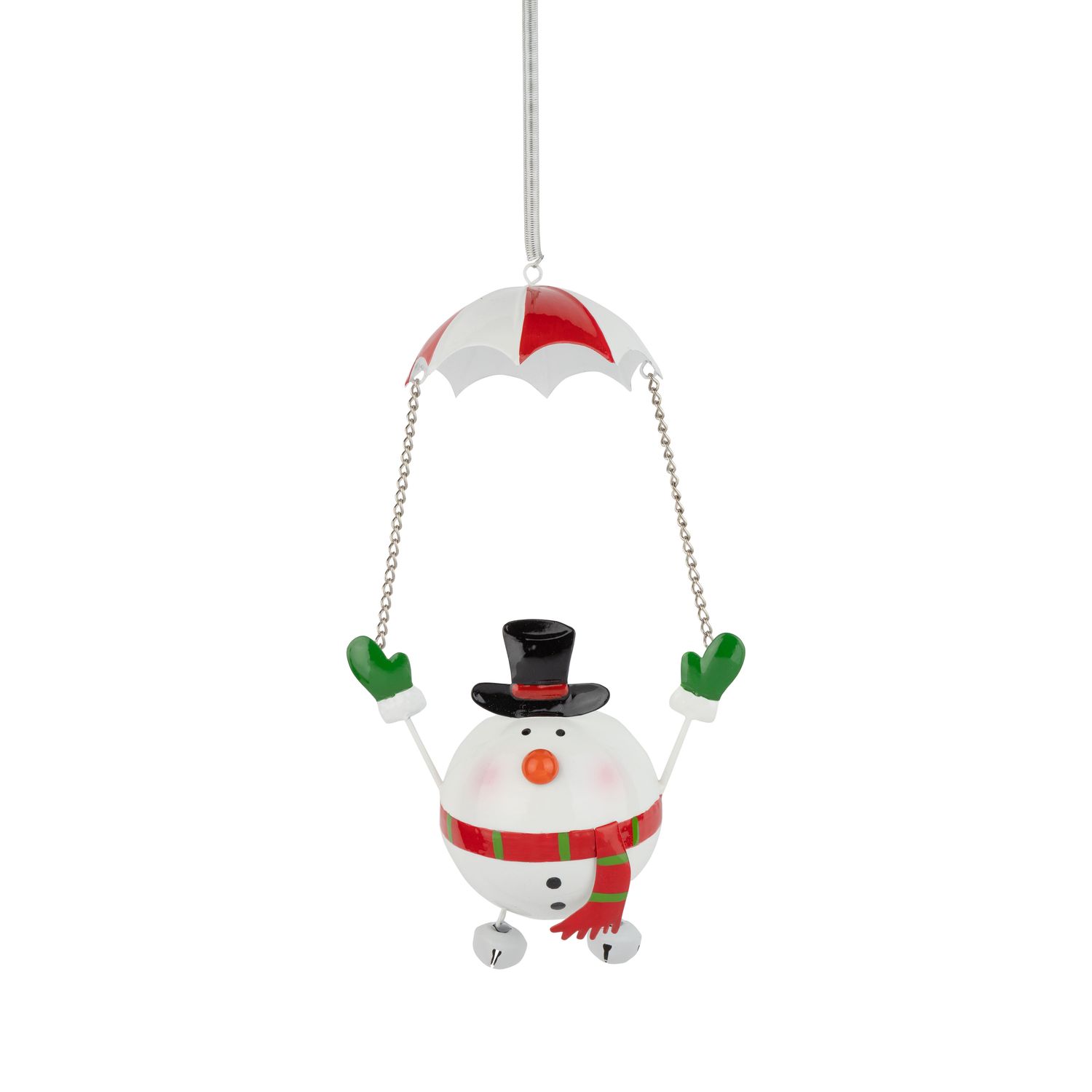 Metal snowman ornament with red and white parachute on spring hanger, 10 in  6      