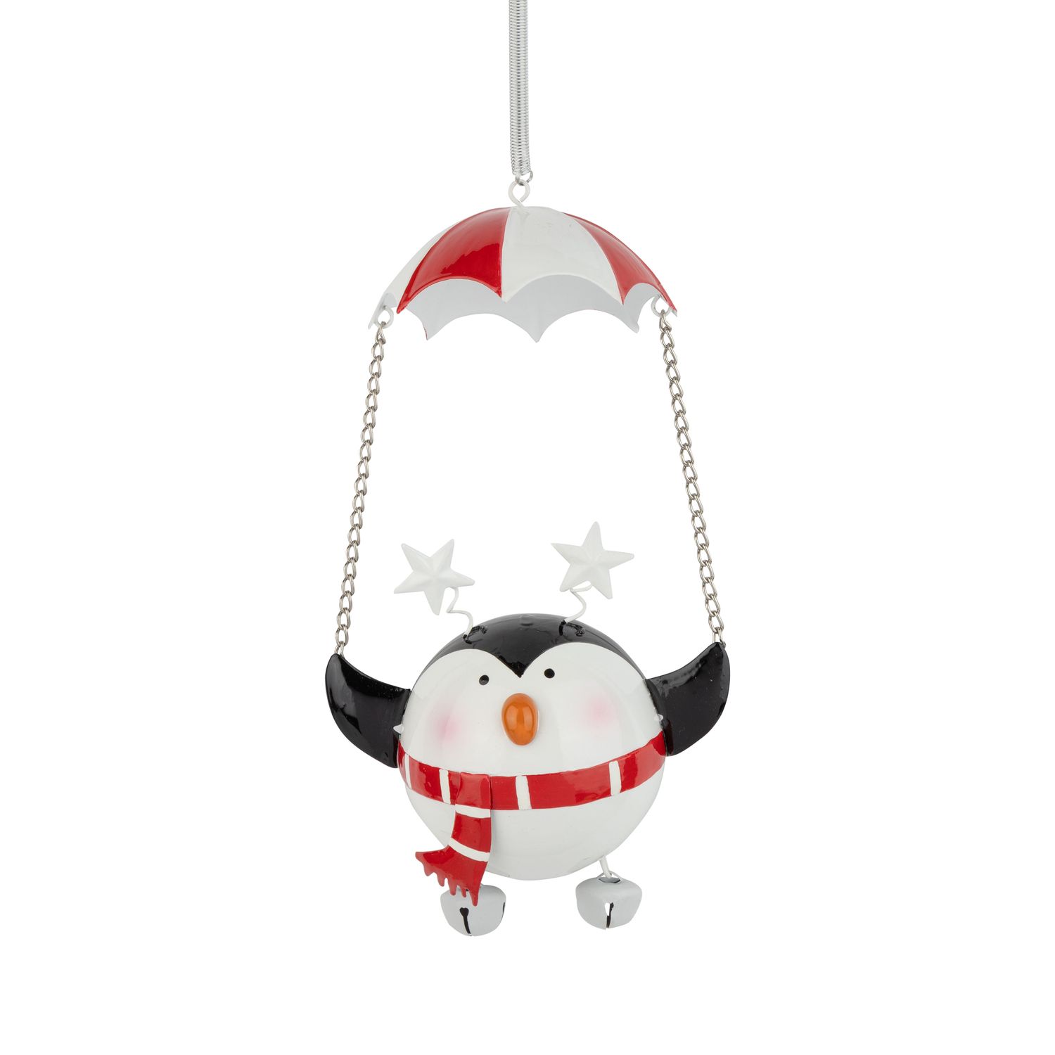 Metal penguin ornament with red and white parachute/scarf, white stars on spring hanger, 10 in  6      