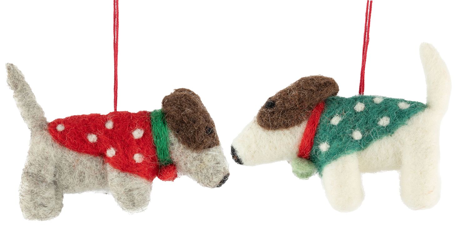 2 Asst&#39;d felt dogs ornaments, polka-dot sweaters in red and green, 4 in  12      