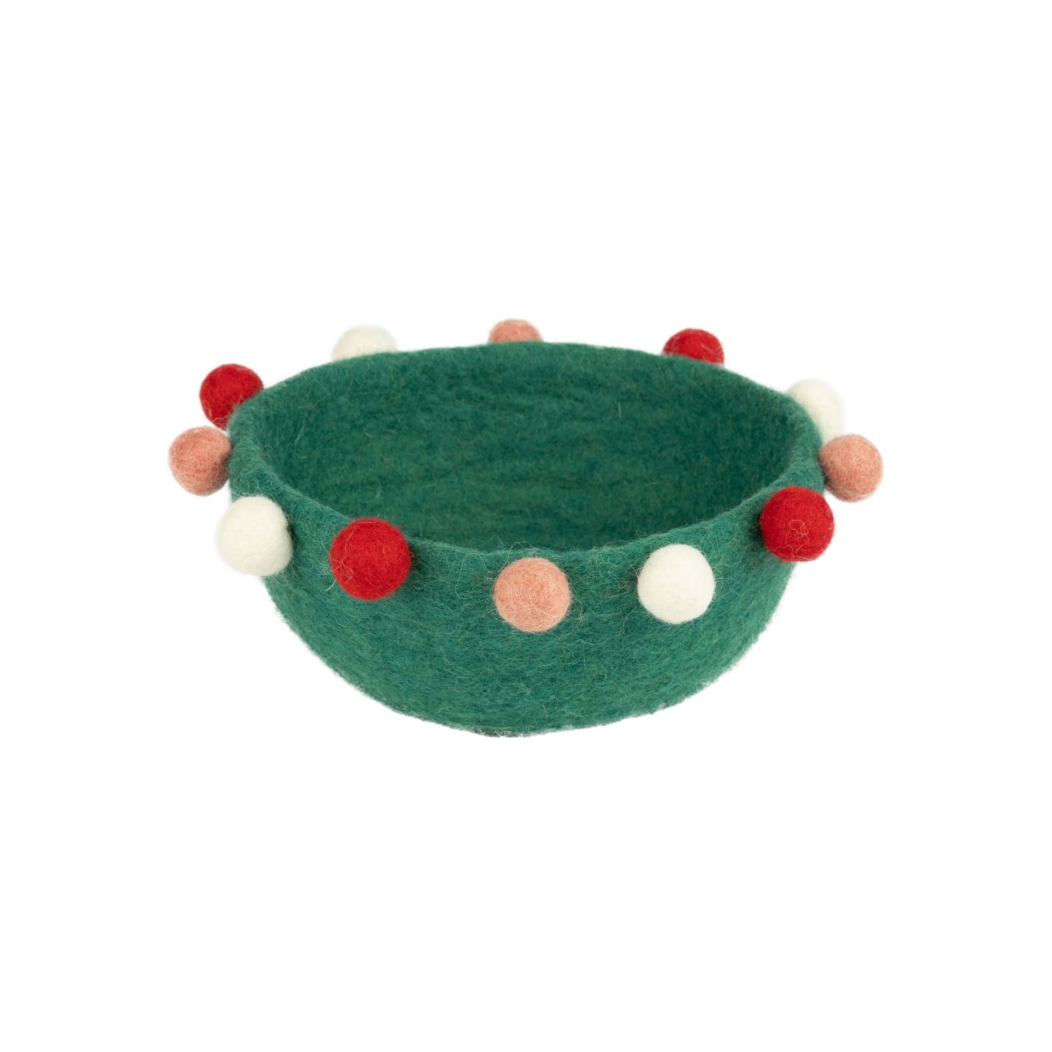 Felt bowl, green with red, pink, and white pompom trim, 7 in  6      
