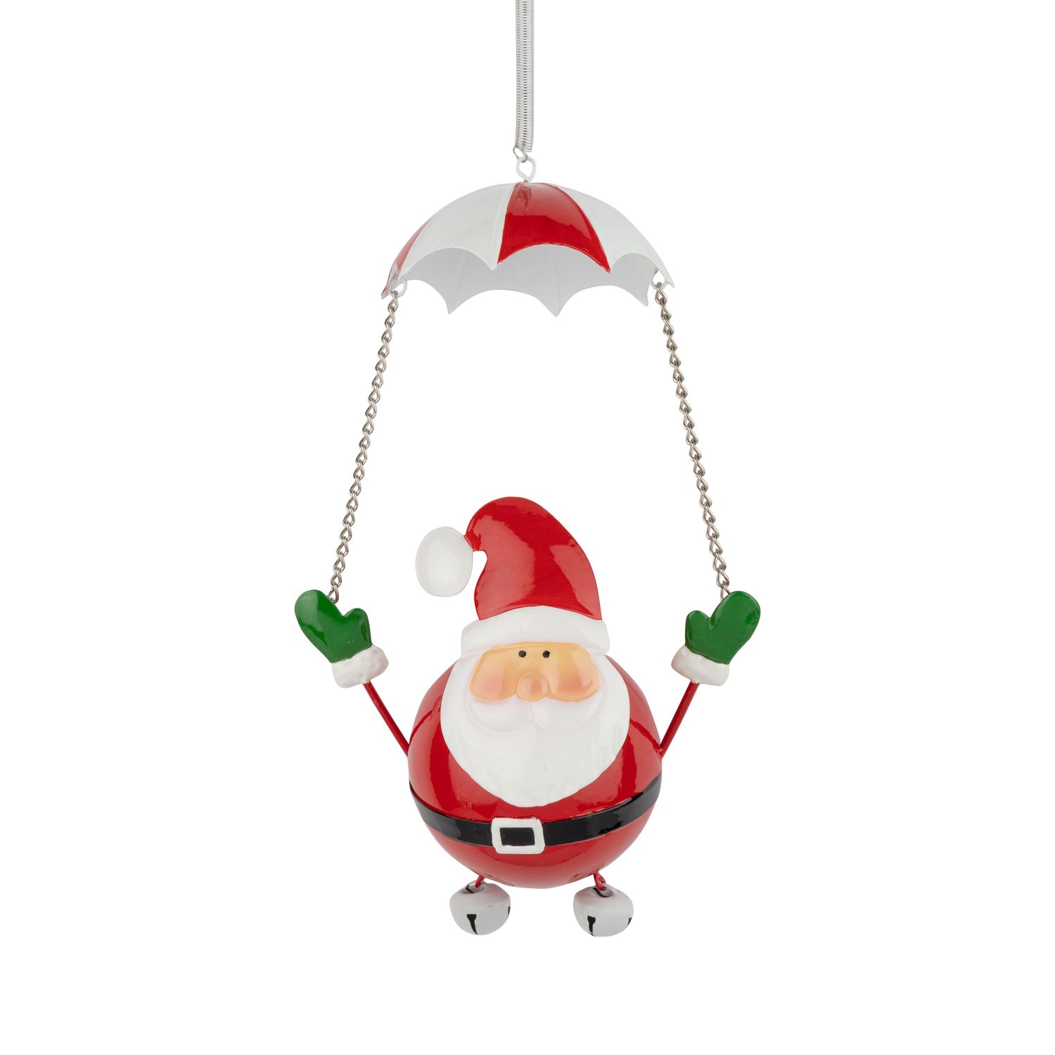 Metal Santa ornament with red and white parachute on spring hanger, 10 in  6      