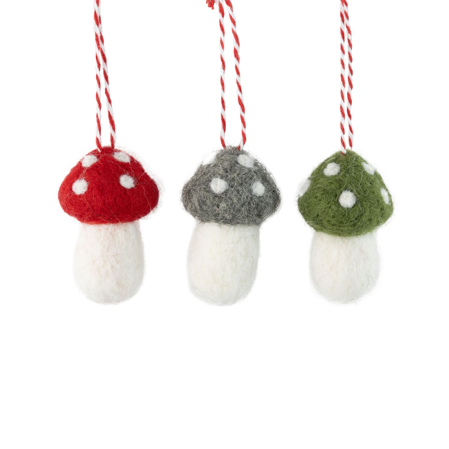 3 Asst&#39;d felt mushroom ornaments in red, grey and green, 2.2 in  24      