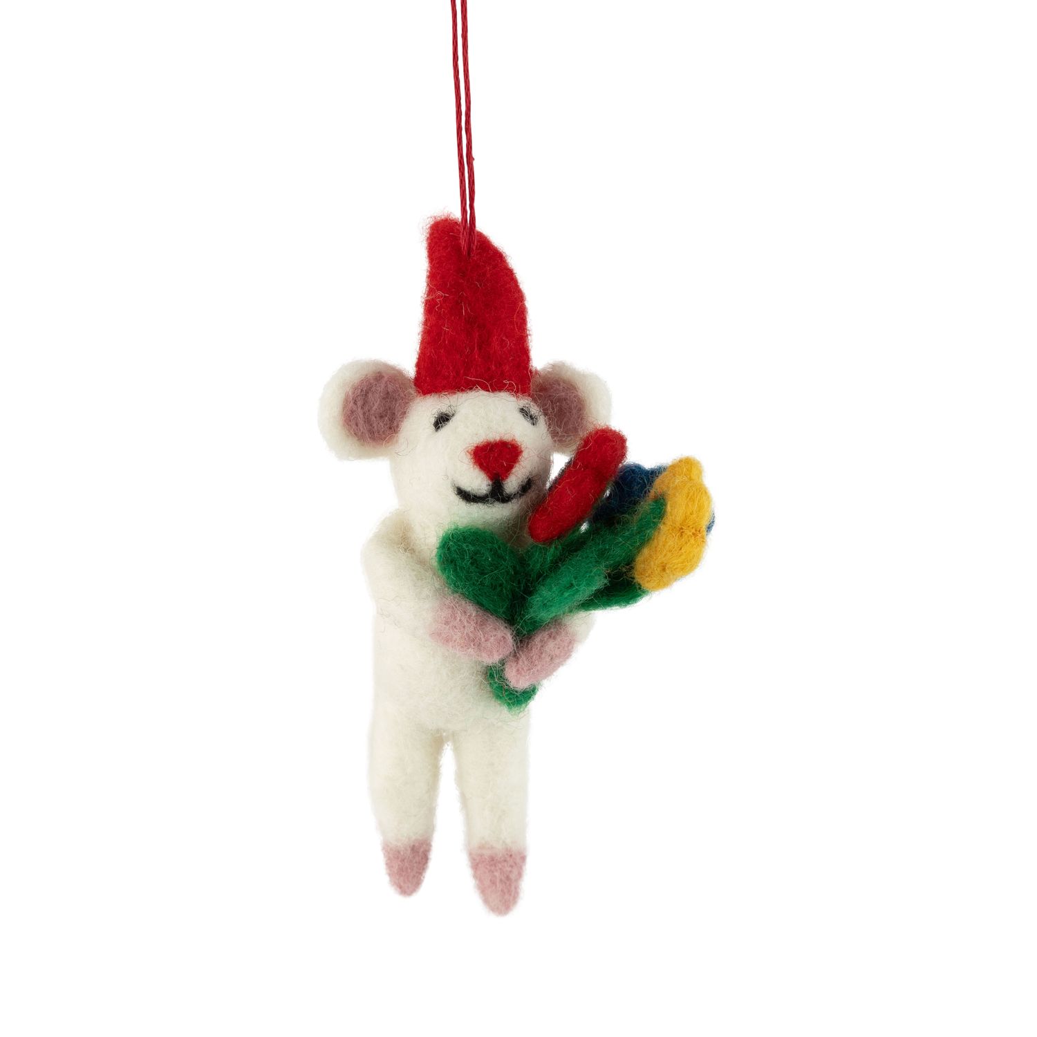 Felt mouse ornament, red hat, holding flowers, 4.5 in  6      