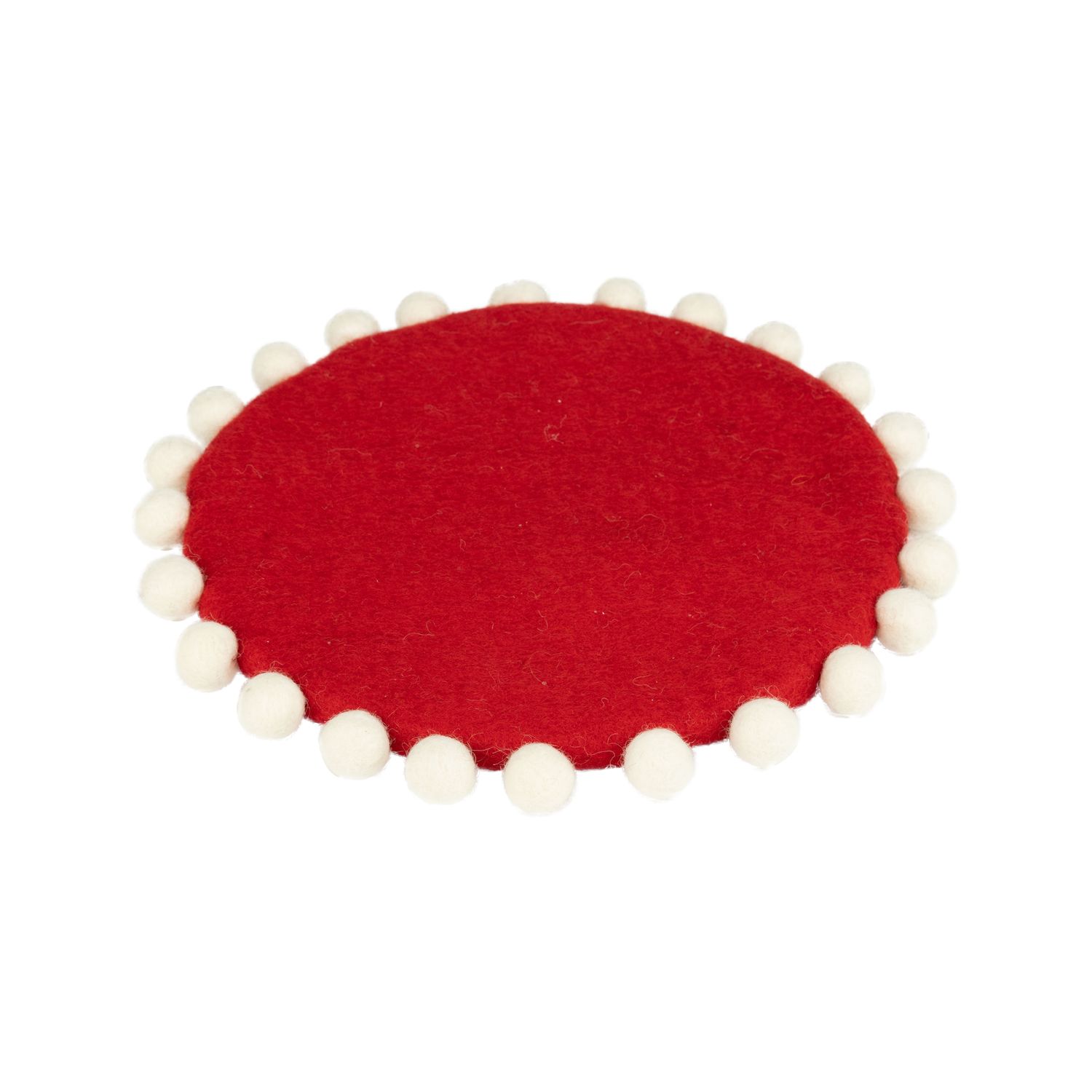 Felt trivet, red with white pompoms, 9 in  4      