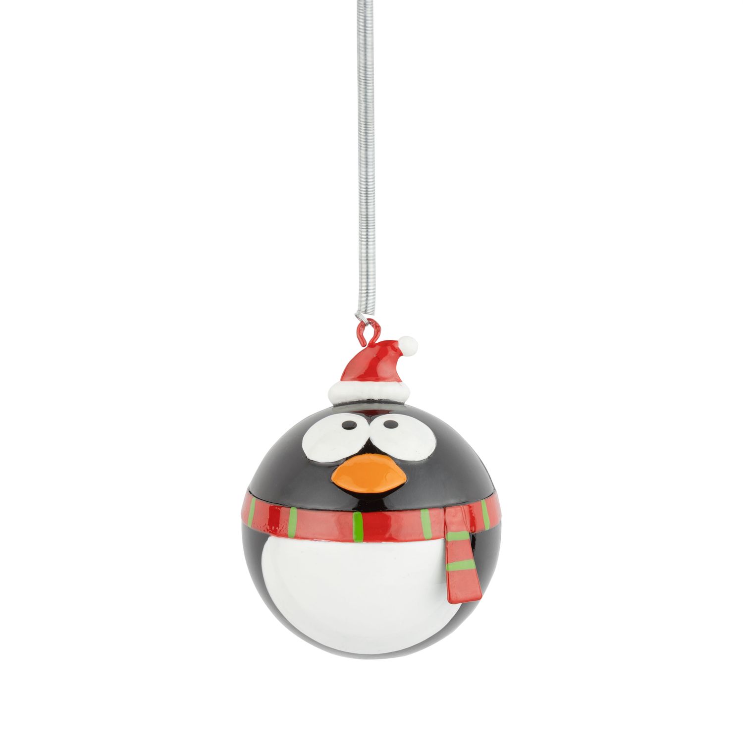 Metal penguin ball ornament with Santa hat and red and green scarf on spring hanger, 3 in  6      