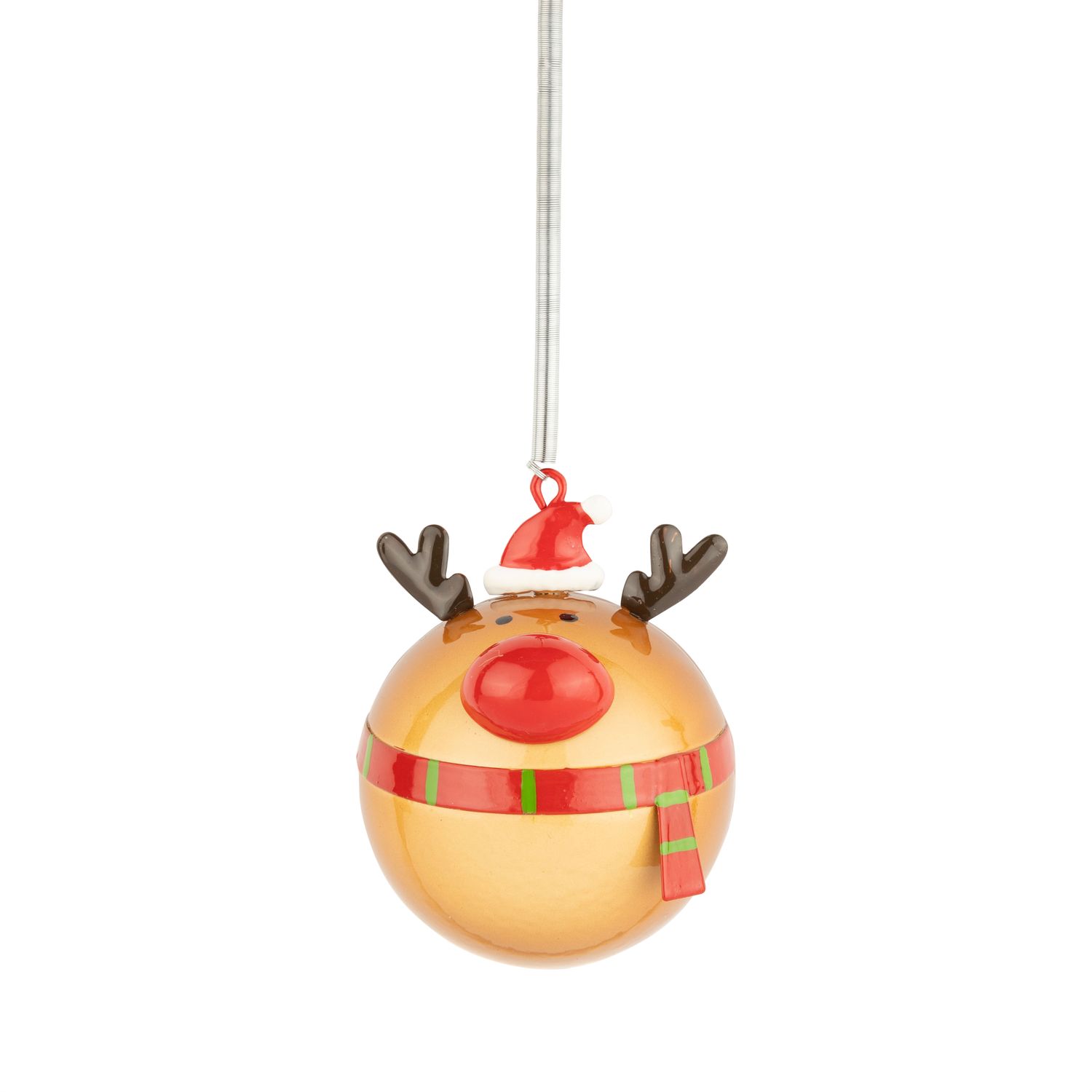 Metal reindeer ball ornament, brown, red, and green scarf on spring hanger, 3 in  6      