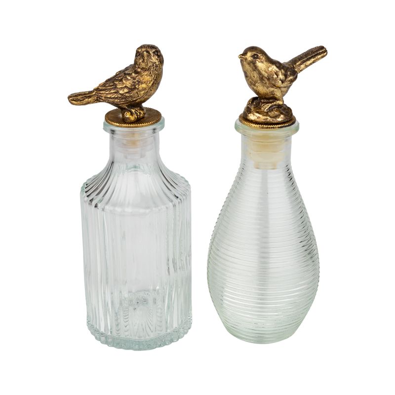 2 Asst&#39;d molded glass bottle with bird stopper, 7.25+7.5 in  12      