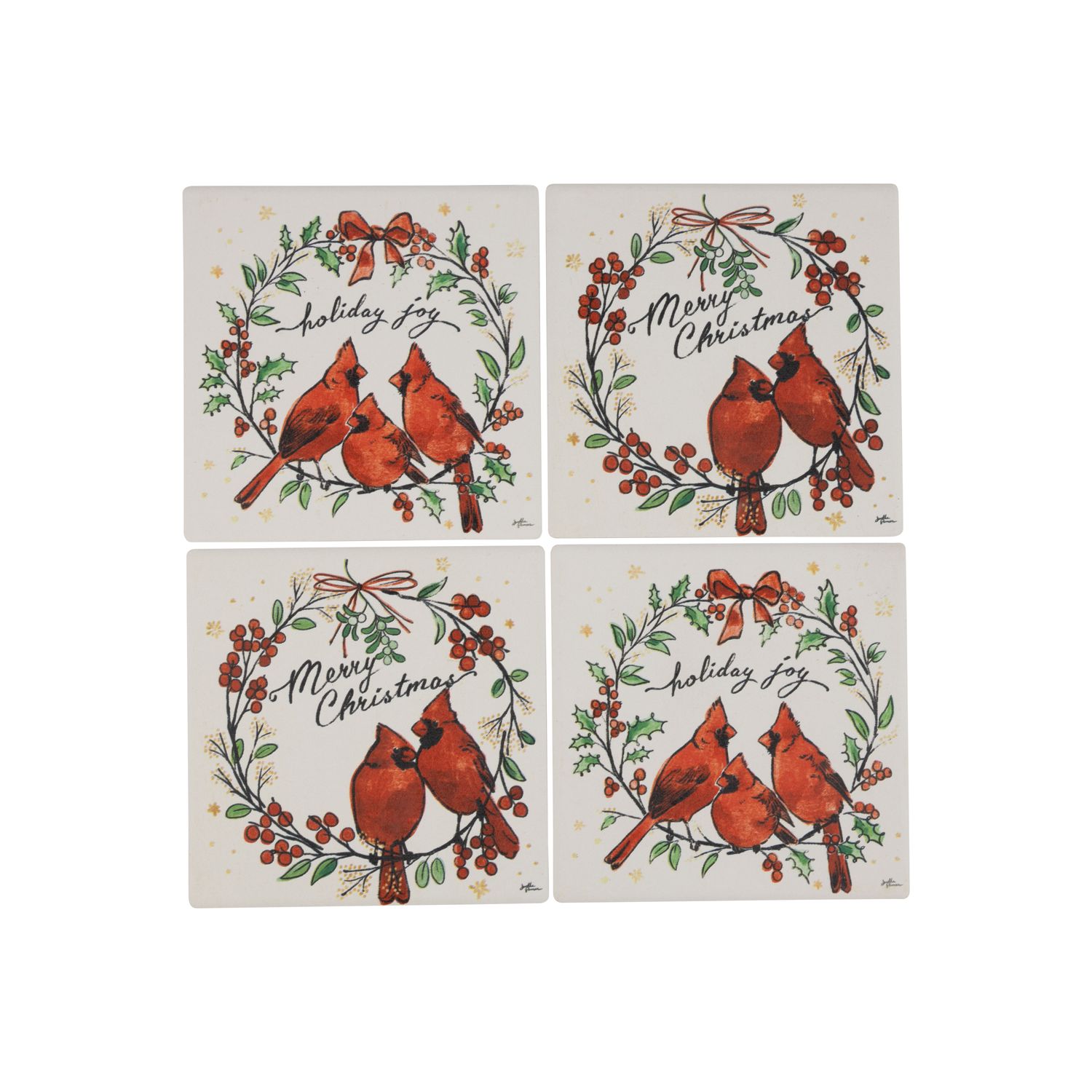 Set of 4 absorbent coasters with poinsettia and robins, 4x4 in  6      