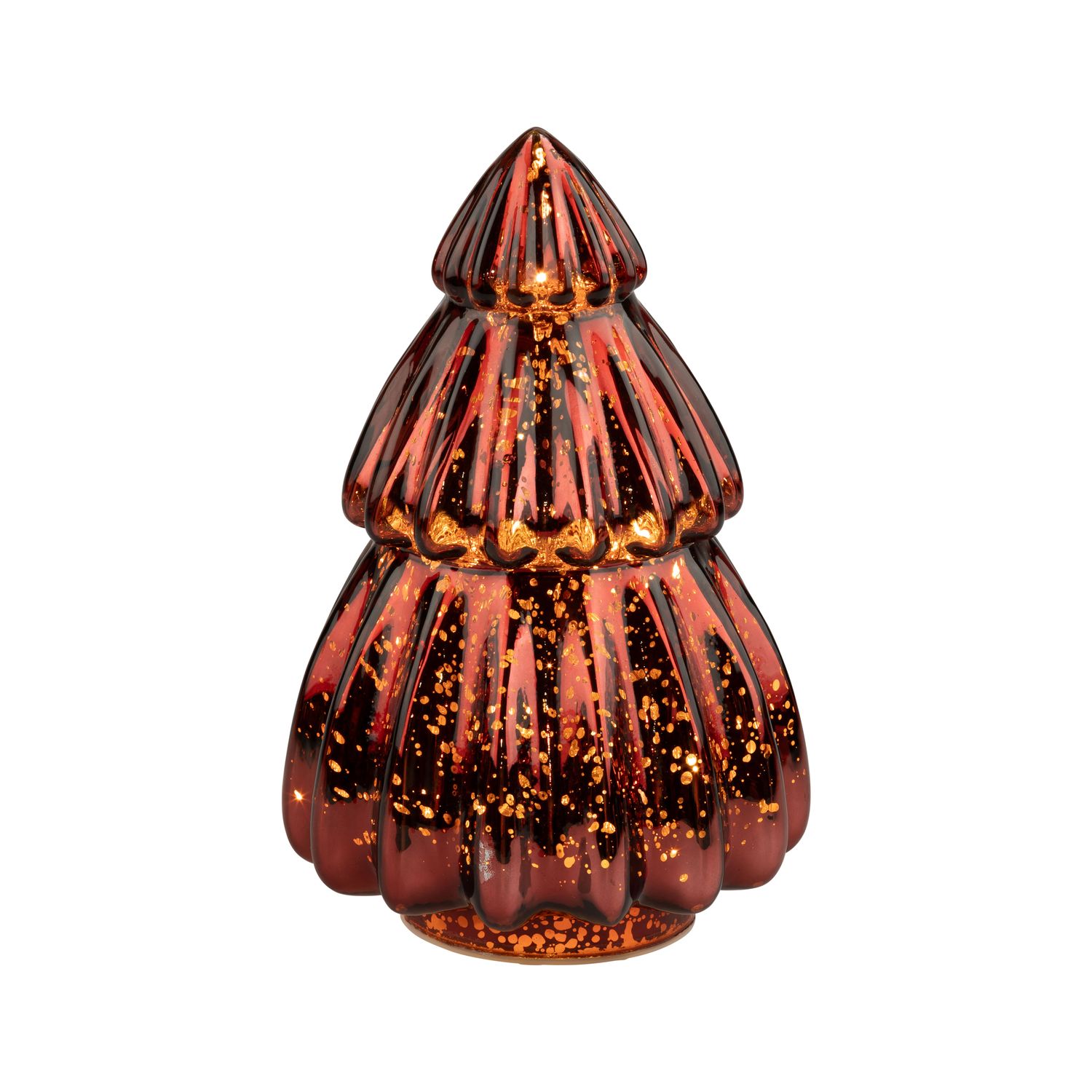 Shiny antique red glass tiered tree table piece, LED lights, 7.5 in  3