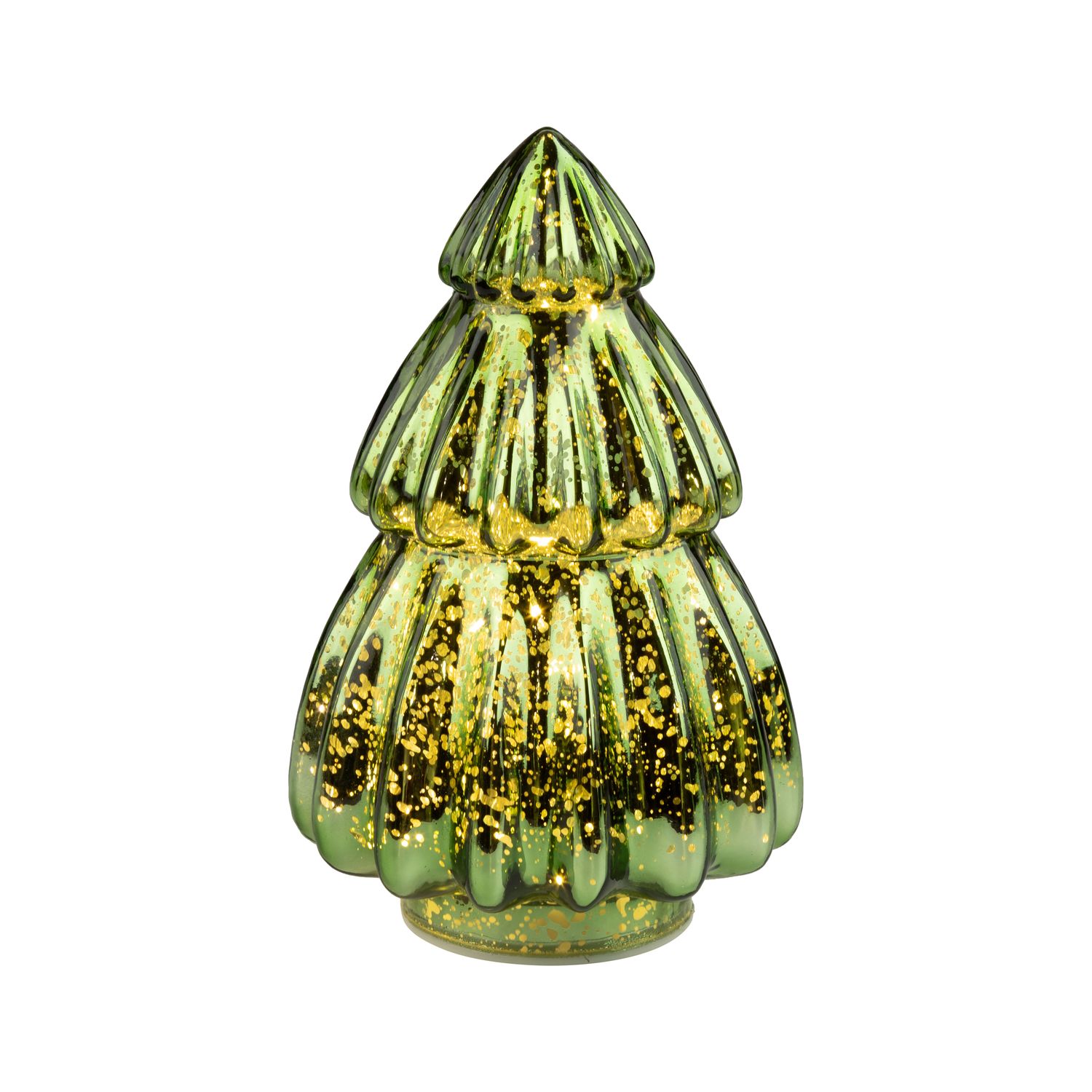 Shiny antique green glass tiered tree table piece, LED lights, 7.5 in  3