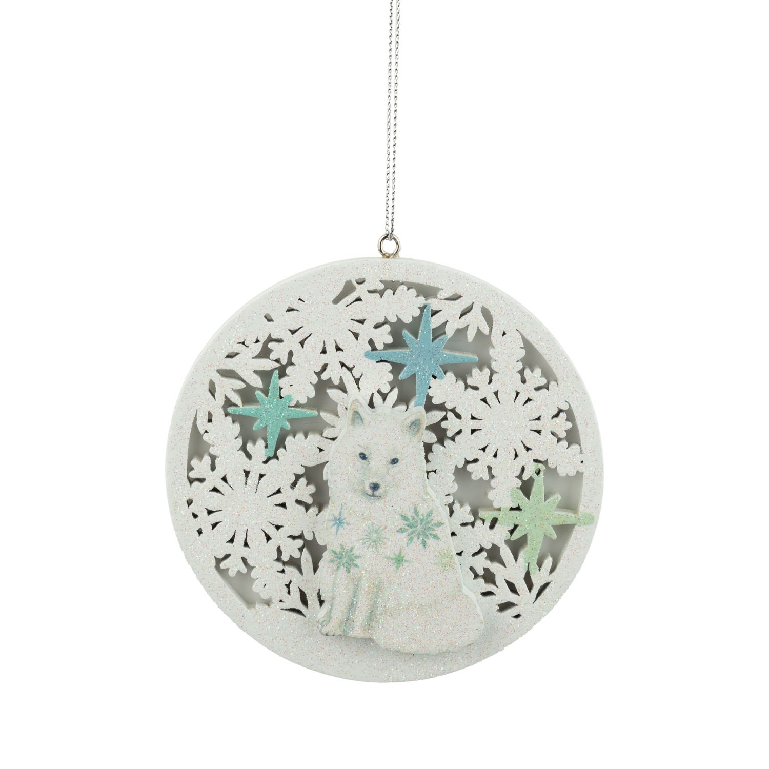White artic fox on glittered wood snowflake-patterned disk with green-blue accents ornament, 3.9 in  12      