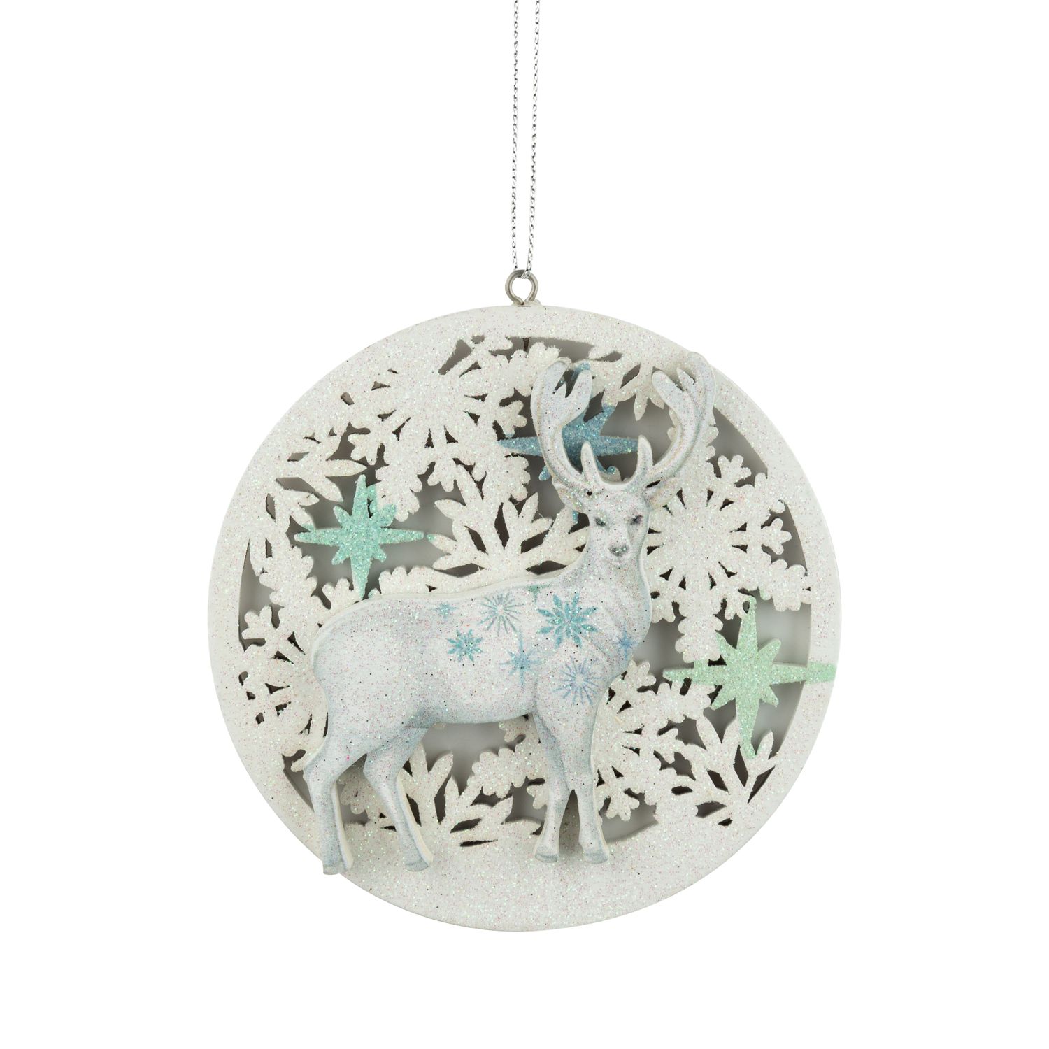 White reindeer on glittered wood snowflake-patterned disk with green-blue accents ornament, 3.9 in  12      