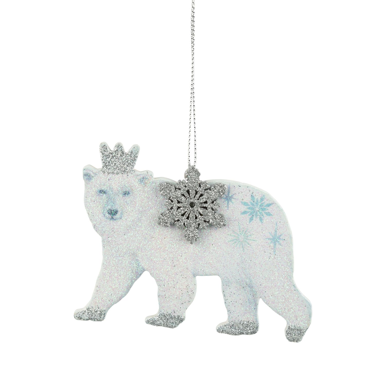 White glitter wood polar bear ornament with silver snowflake, green-blue accents, and crown, 3.3 in  12      